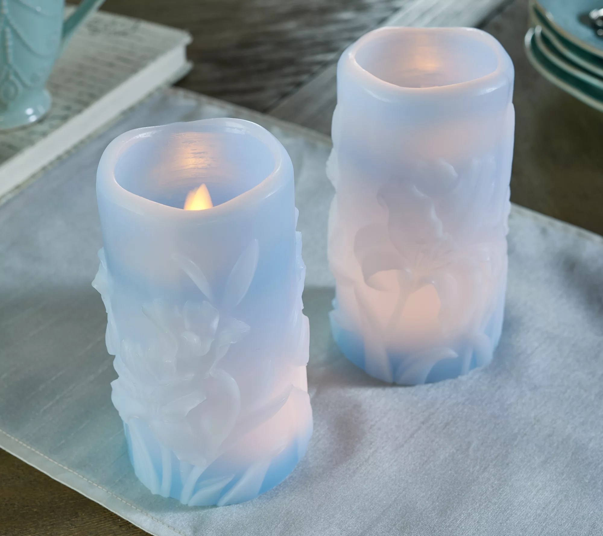S/2 Illuminated Floral Embossed Wax Pillars by Valerie