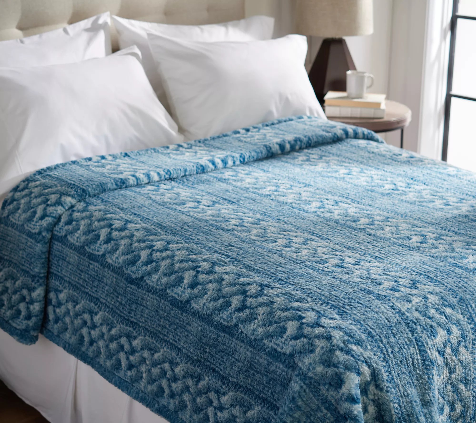 Berkshire Cable Print Sherpa Blanket with Foldover Hem Queen