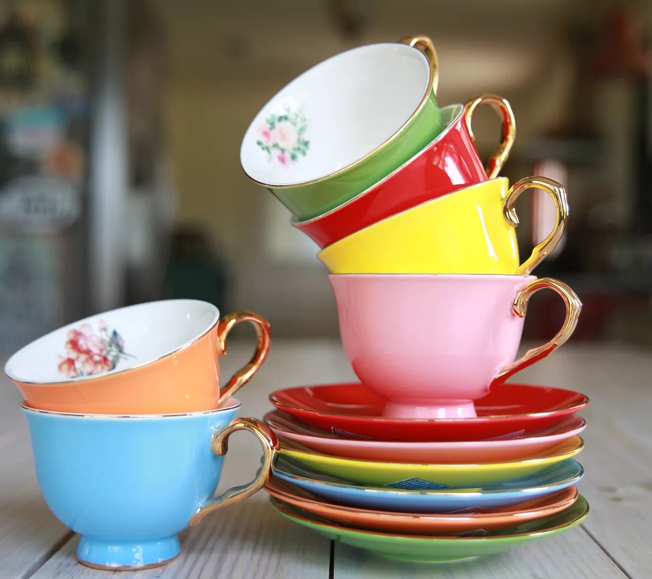 Sister Road by JG Set of 6 Colorful Tea Cups with Saucers