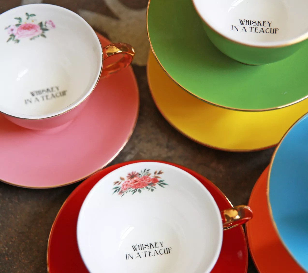 Sister Road by JG Set of 6 Colorful Tea Cups with Saucers