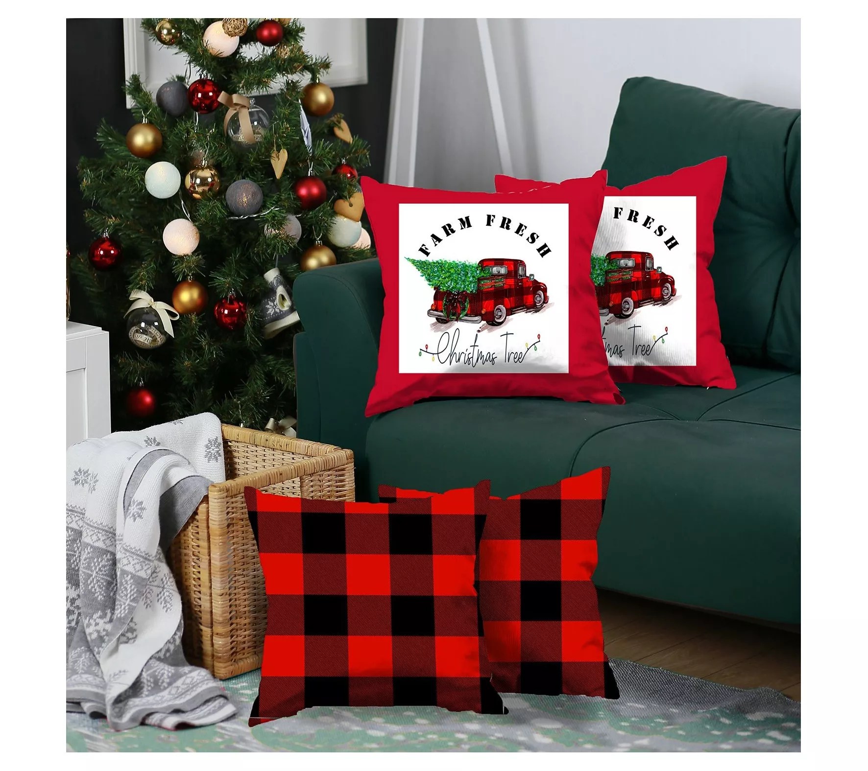 HomeRoots S/4 Red Plaid & Red Truck Throw Pillows