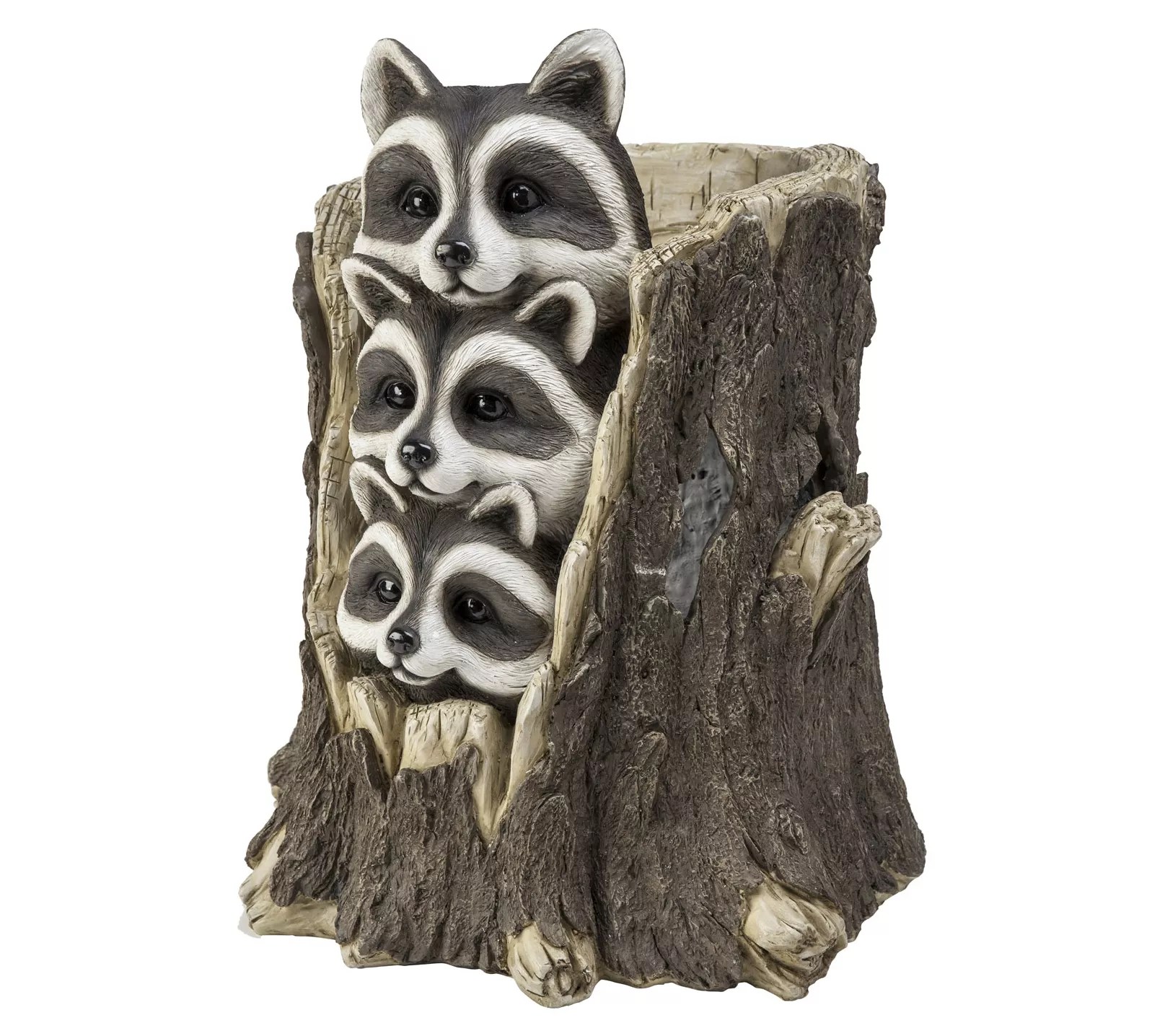 Evergreen Solar Three Raccoons in a Stump Sculpture