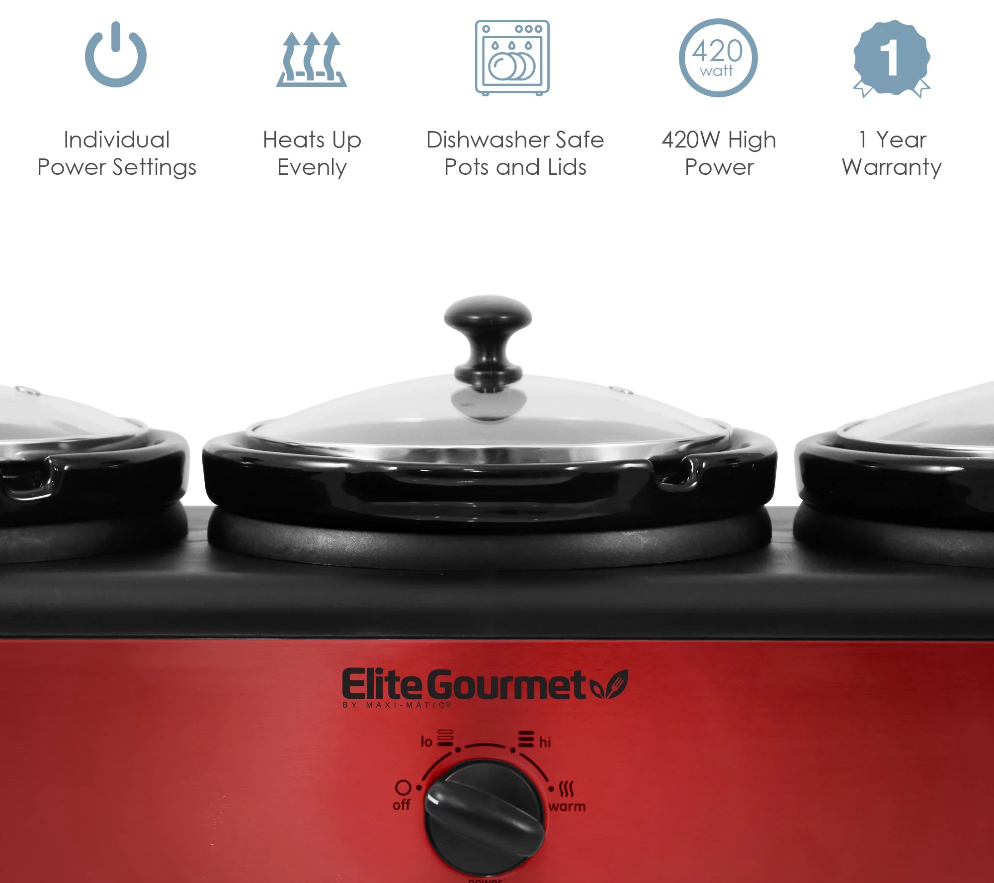 Elite Gourmet Triple Slow Cooker with (3) 2.5qt Dishes