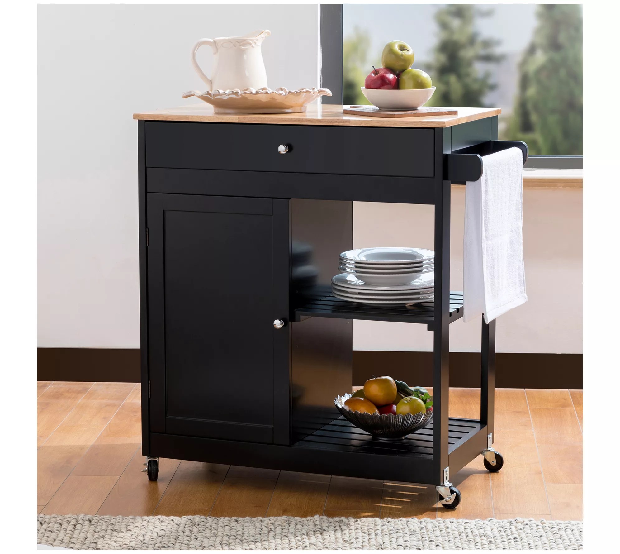 Glitzhome Oak Top Rolling Kitchen Island W TowlBar & Drawer