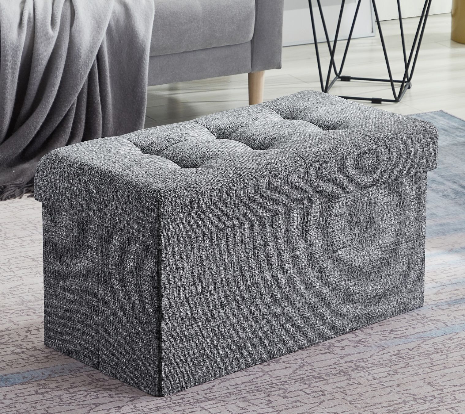 Ornavo Home Foldable Tufted Linen Storage Ottoman Bench