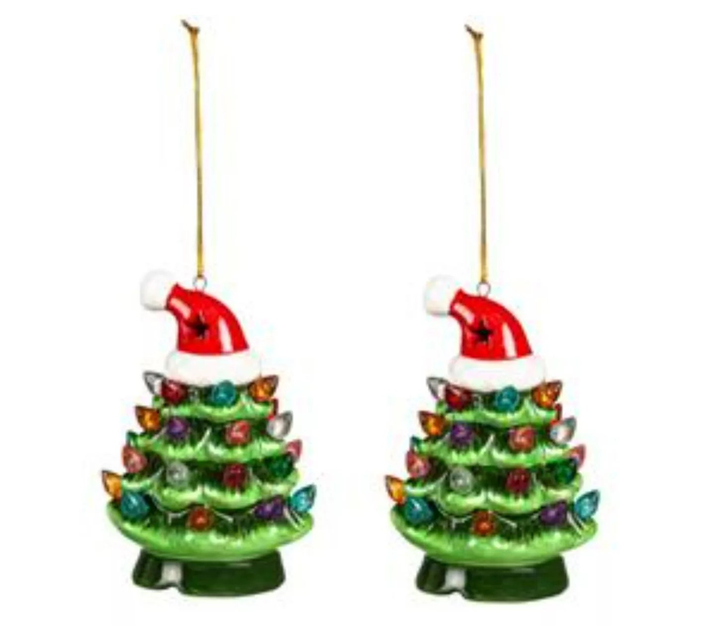 Evergreen 4" LED Ceramic Christmas Tree Ornament with Hat S/2