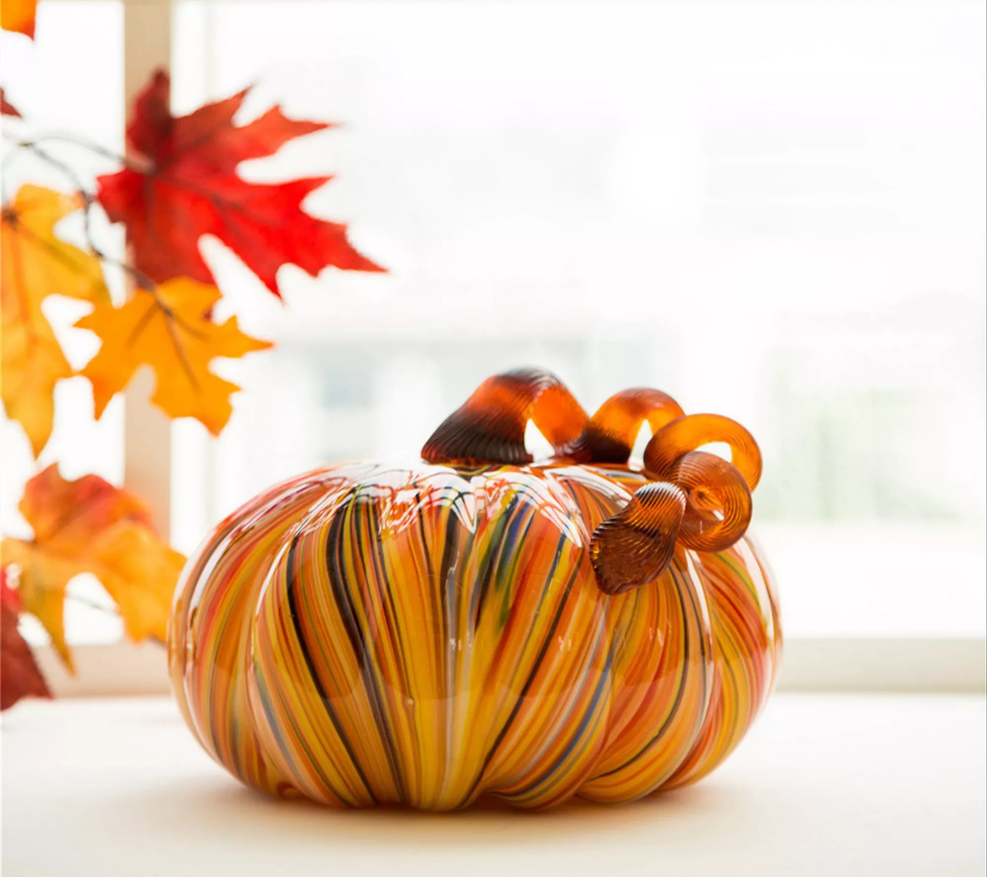 Glitzhome MultiStriped Glass Large Indoor Decorative Pumpkin