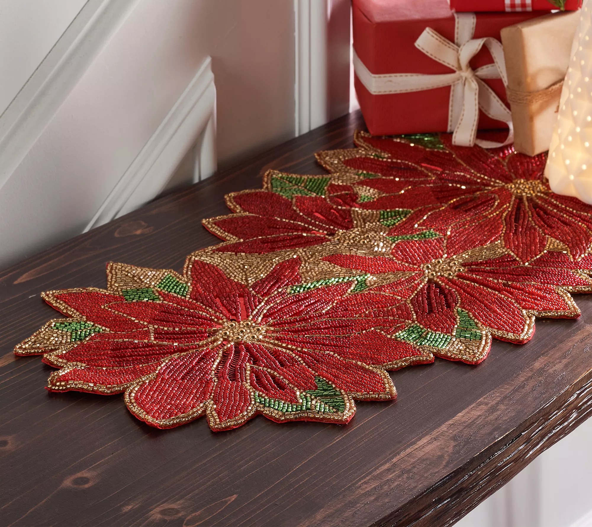 Kringle Express Beaded Poinsetta Table Runner