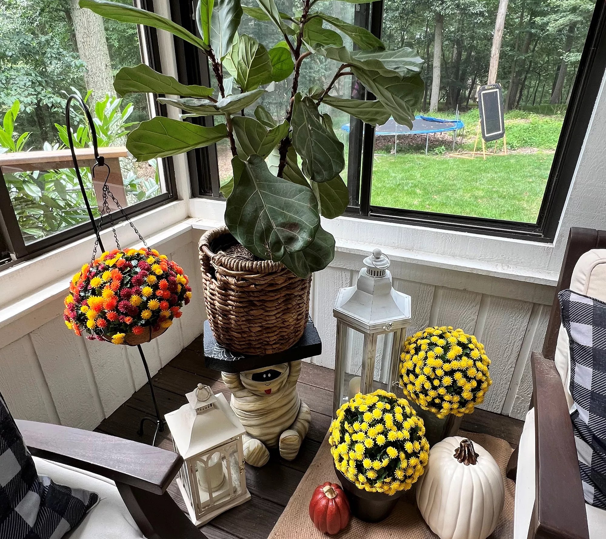 Wicker Park 14" Harvest Faux Mum Hanging Basket