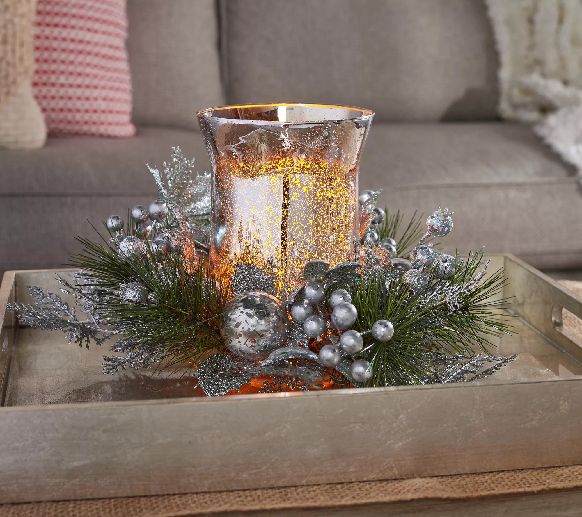 8" Illuminated Vintage Mercury Glass Hurricane Centerpiece by Valerie