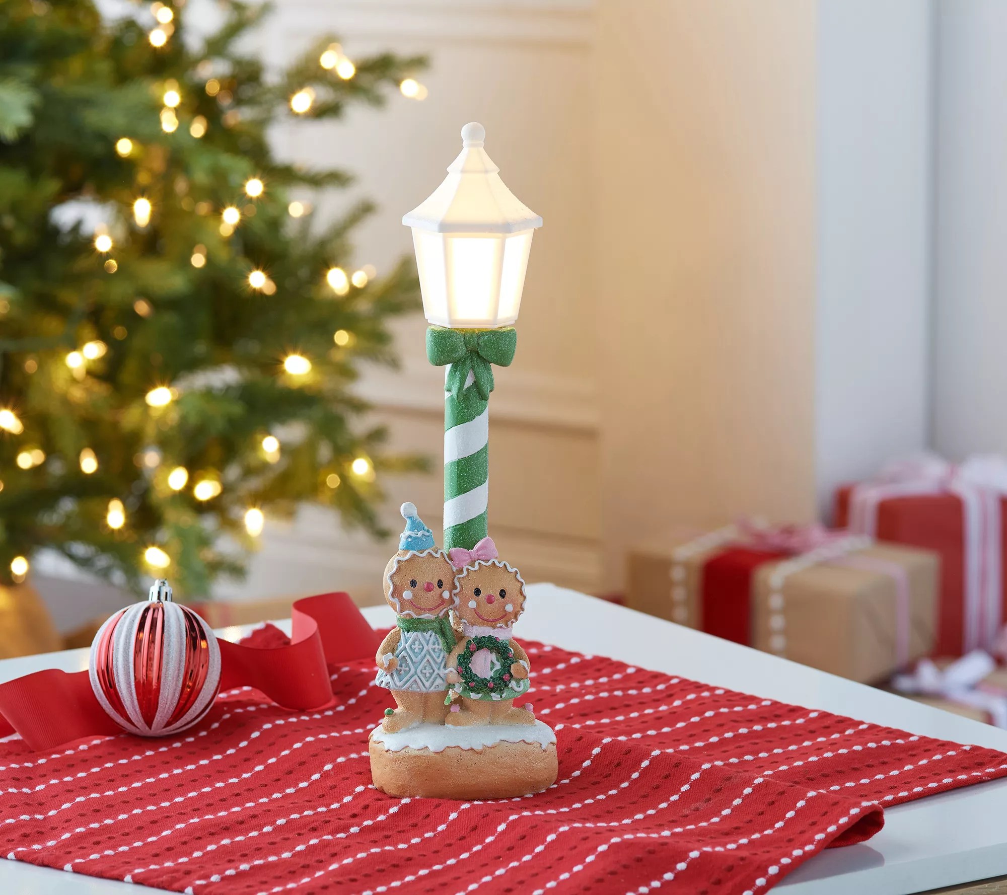 Gingerbread Children with 12" Illuminated Lamp Post by Valerie