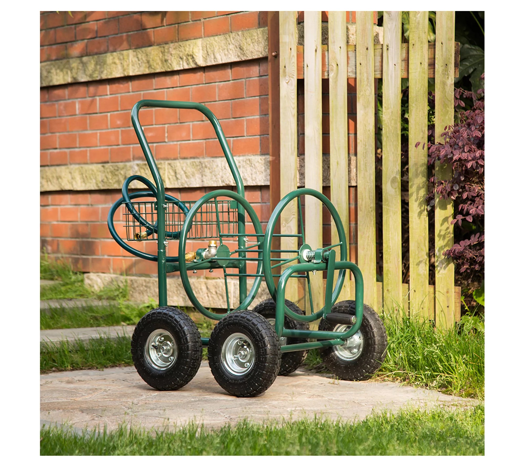 Glitzhome 34" 4Wheel Steel Garden Hose Reel Cart w/ Basket
