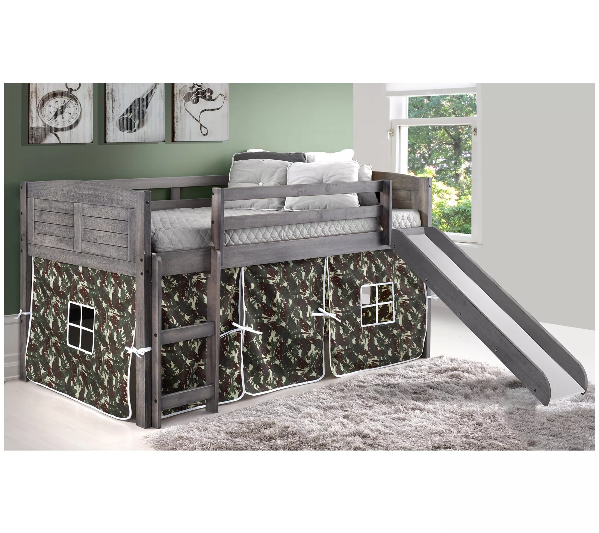 Donco Kids Twin Louver Low Loft Bed w/Slide & Print Tent Kit