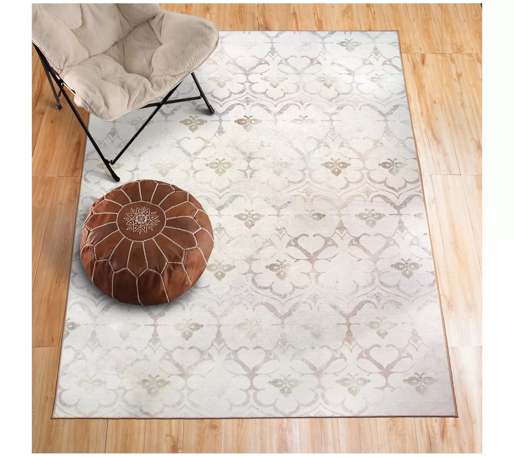 My Magic Carpet Washable Area Rug Leilani Damask Ivory 5x7