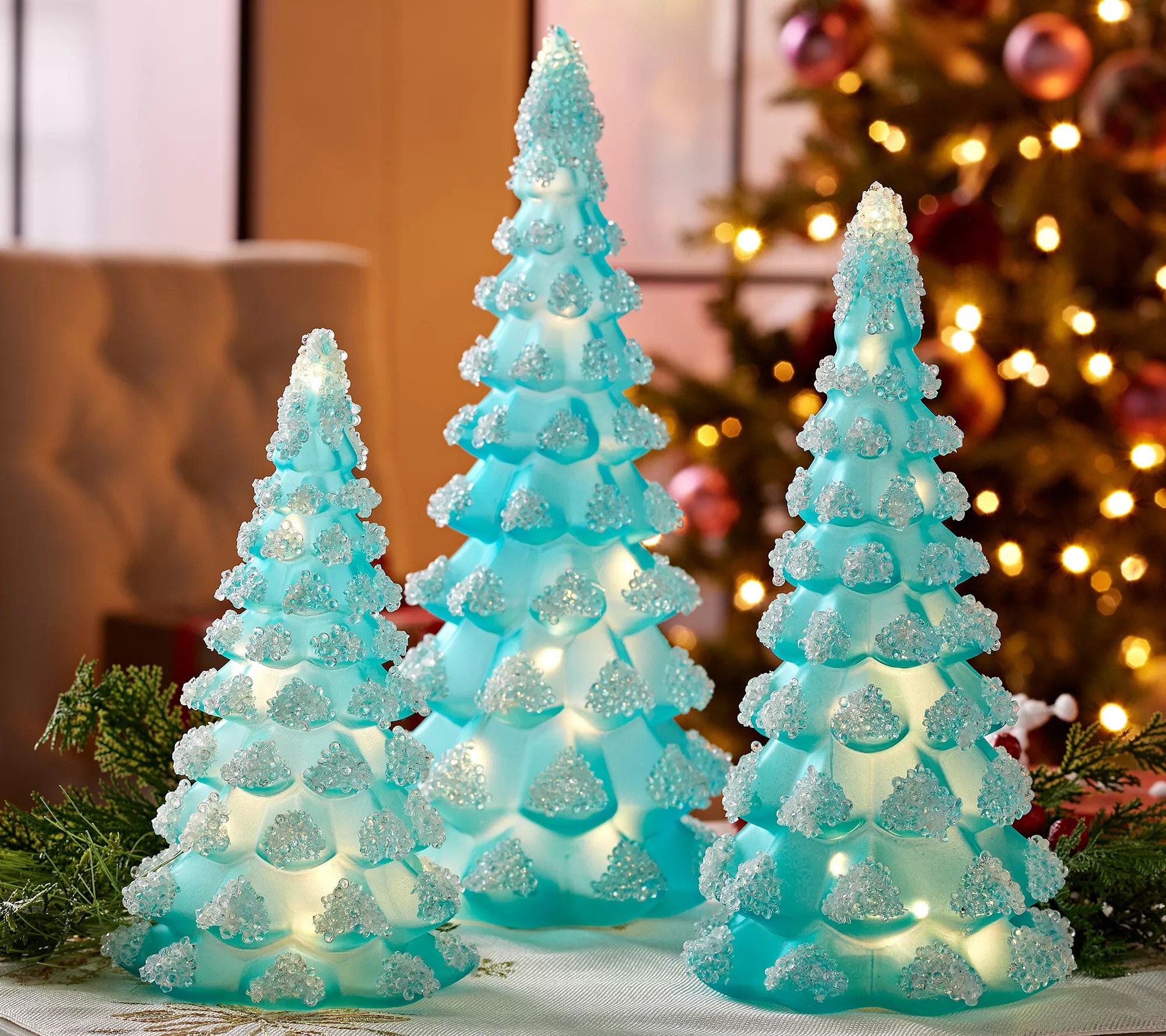 Set of 3 Illuminated Glass Trees w/ Beaded Boughs by Valerie