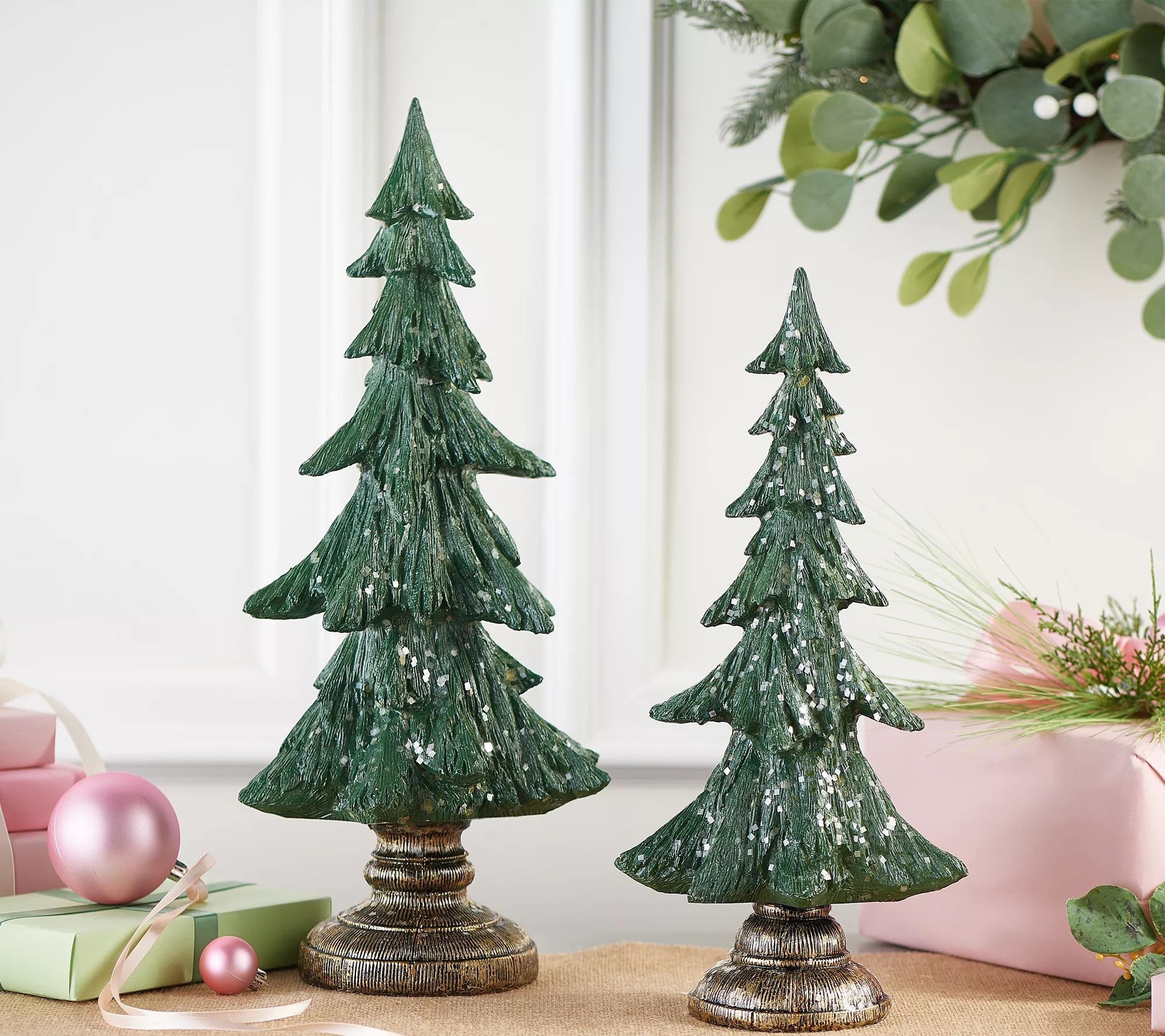 Set of 2 Green Glistening Snow Trees by Valerie