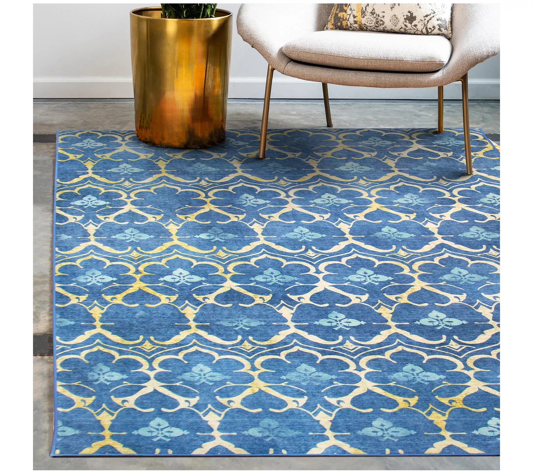 My Magic Carpet Washable Area Rug Leilani Damask Blue 5x7
