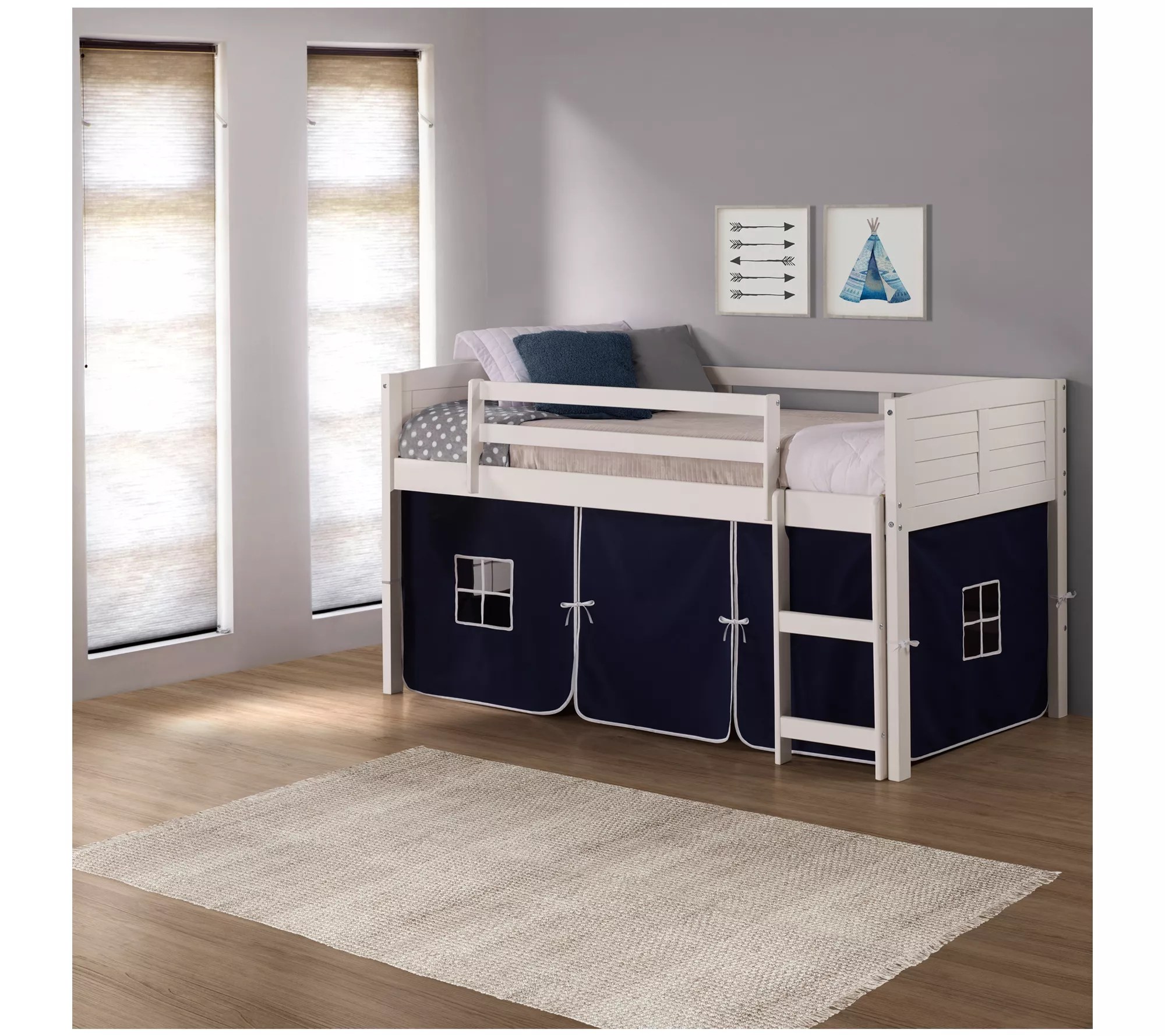 Donco Kids Twin Louver Low Loft White Bed, Solid Tent & Slide