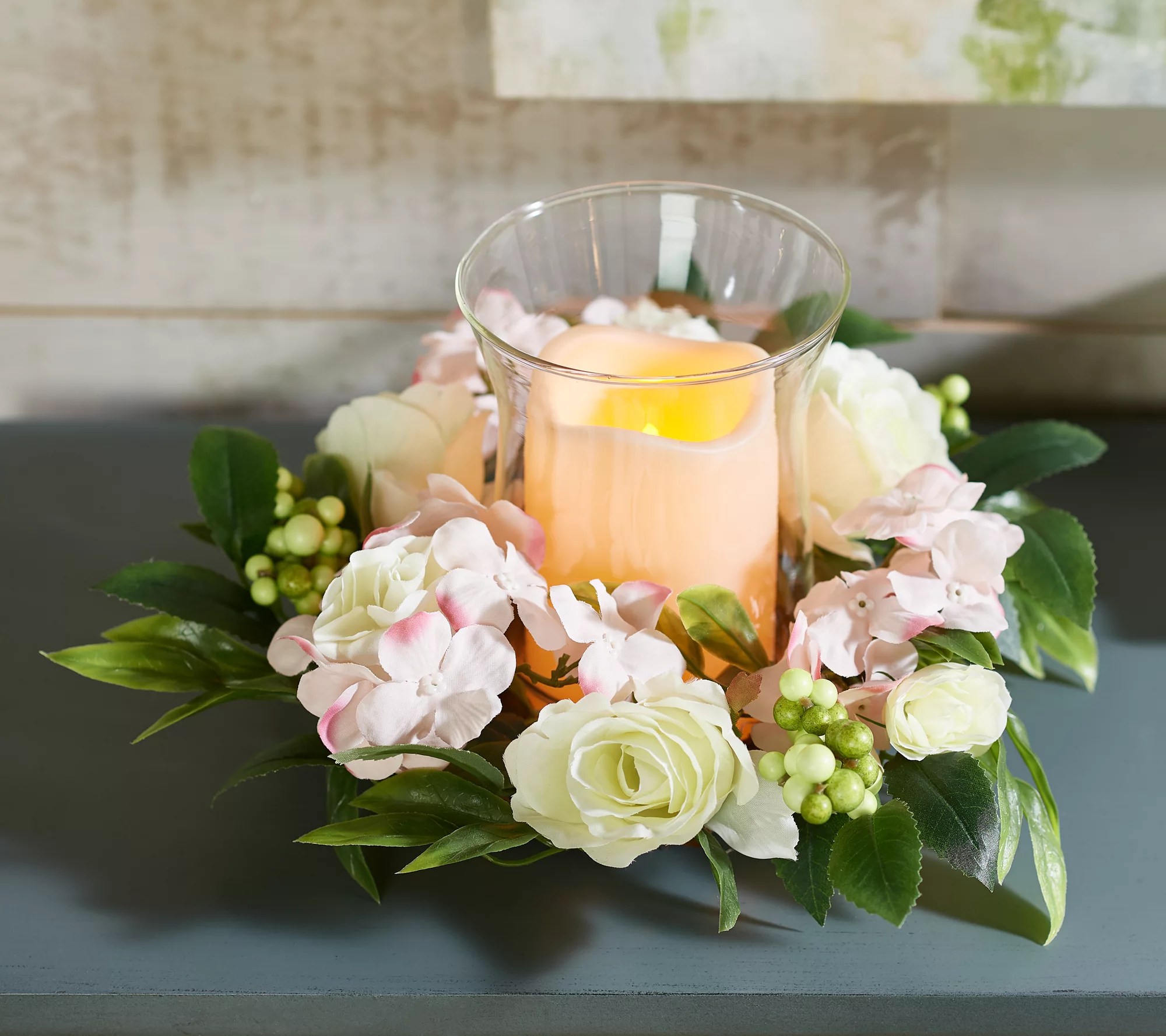 Illuminated Curved Glass Hurricane with Candle Ring by Valerie