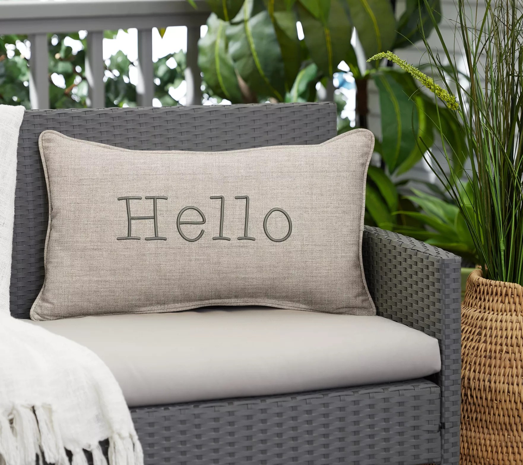 Sunbrella Lumbar Embroidered Pillow "Hello"