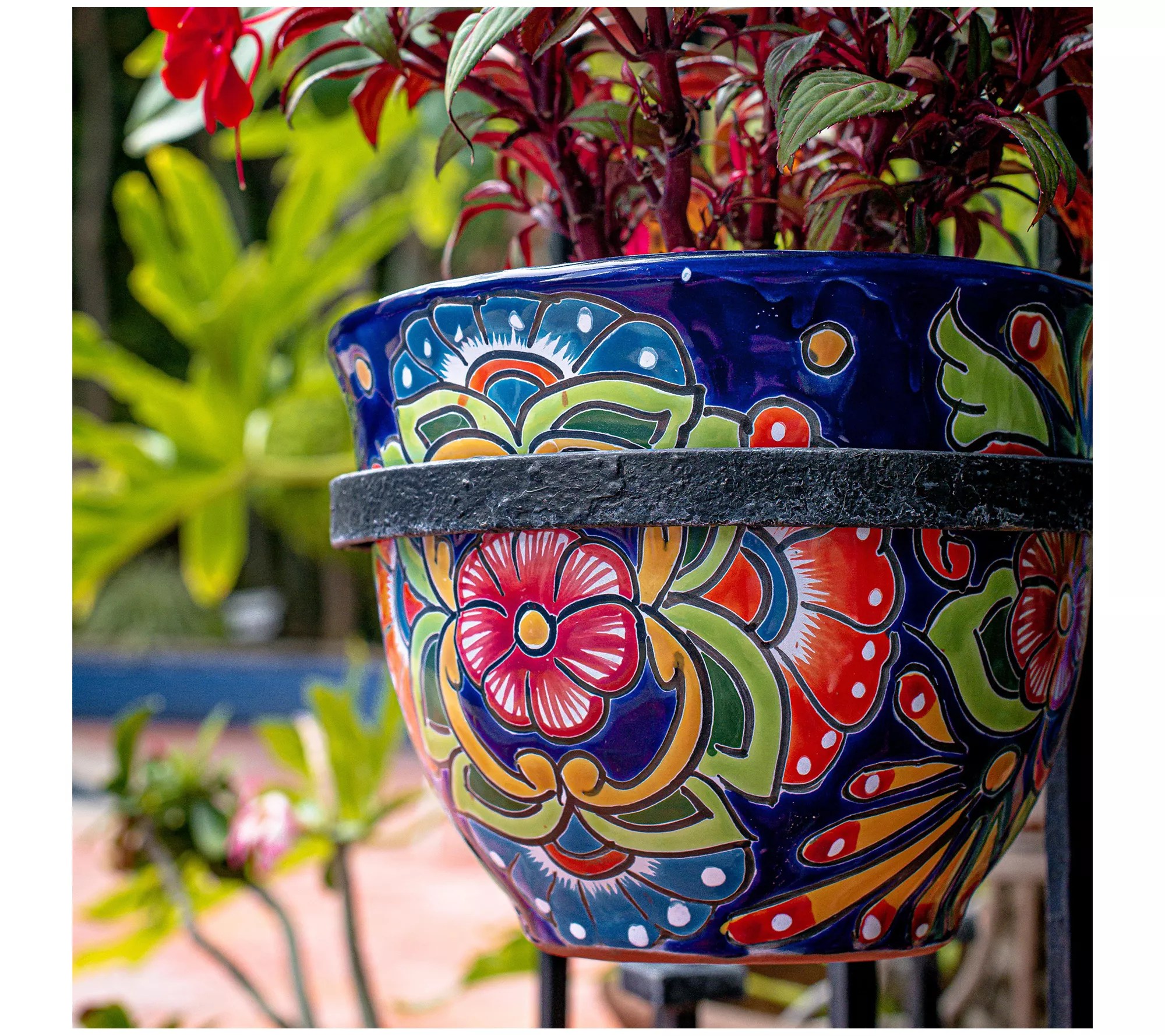 Plow & Hearth Blue Floral Authentic Talavera Planter