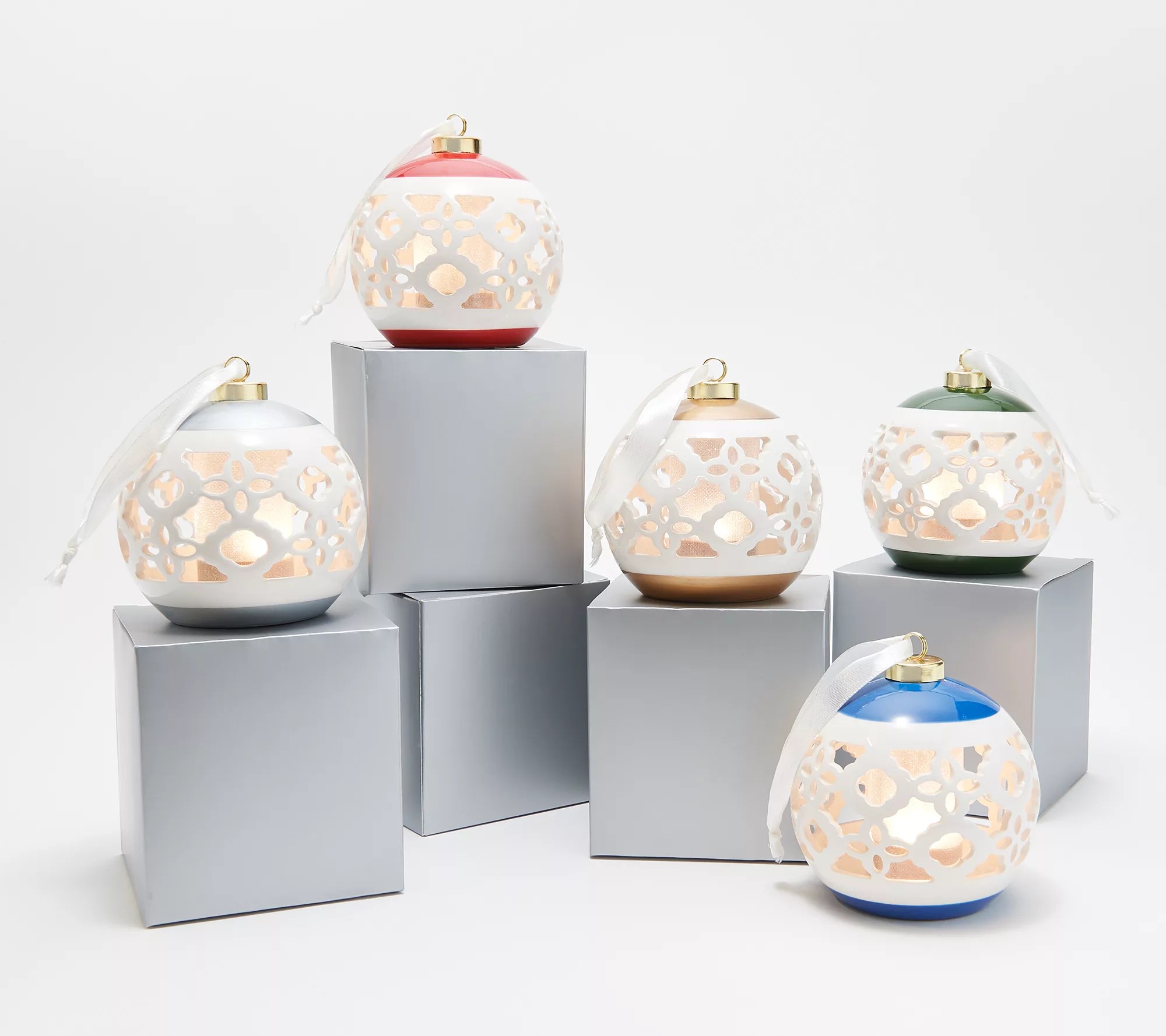 Lightscapes Set of 5 Lit Cutwork Ceramic Ornaments with Gift Boxes