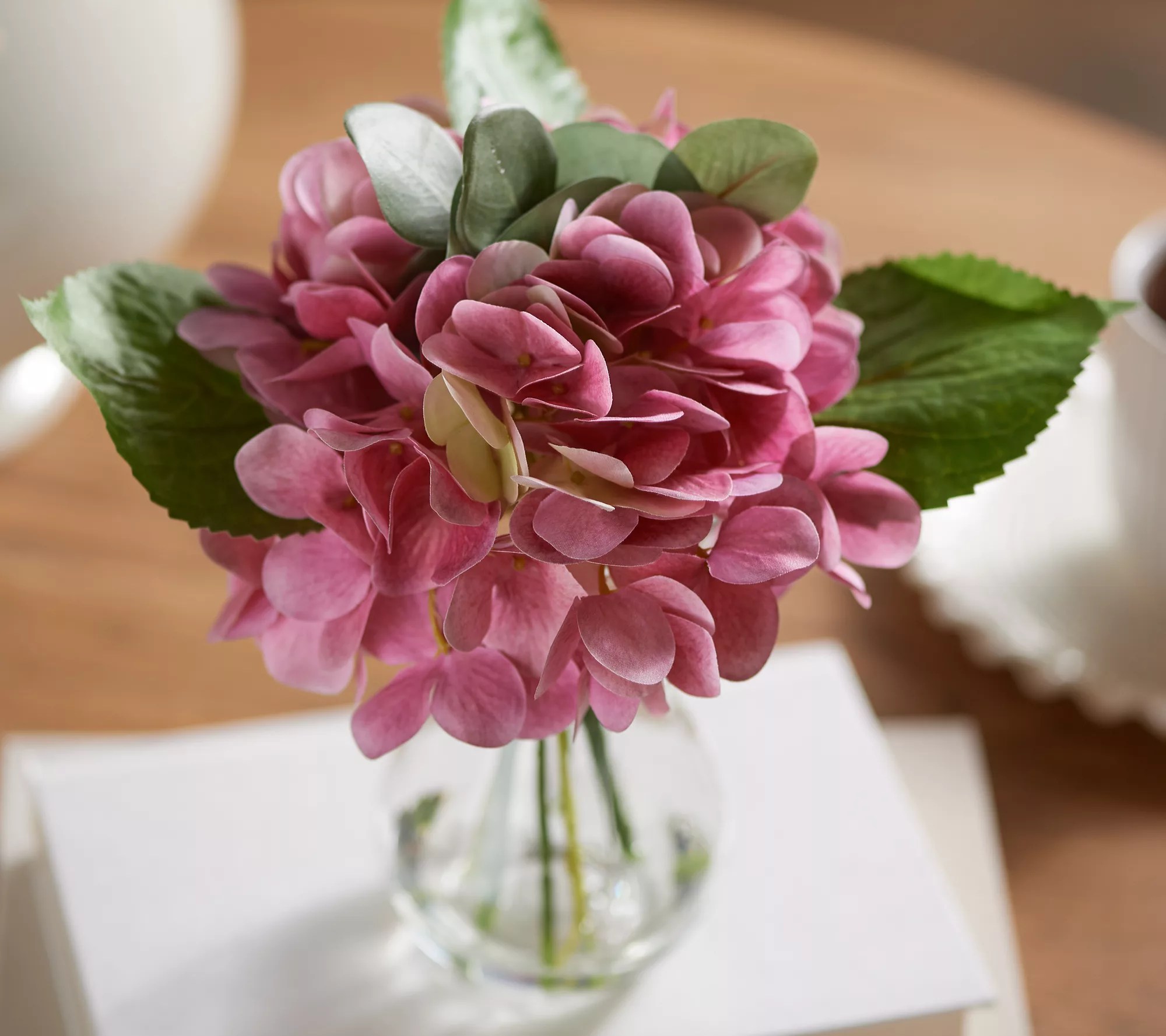 9" Faux Hydrangea Stem Bouquet in Glass Vase by Valerie