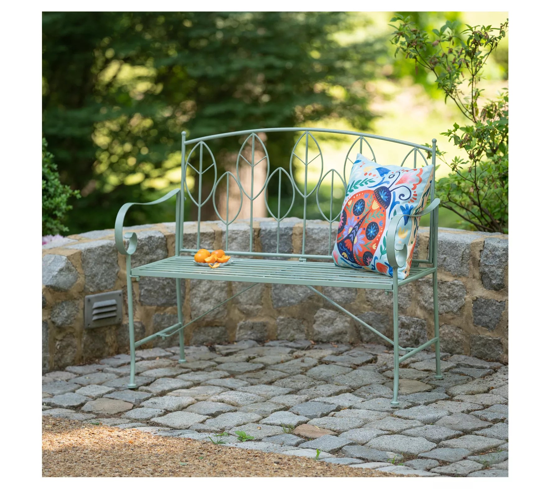 Evergreen Sage Leaf Metal Garden Bench