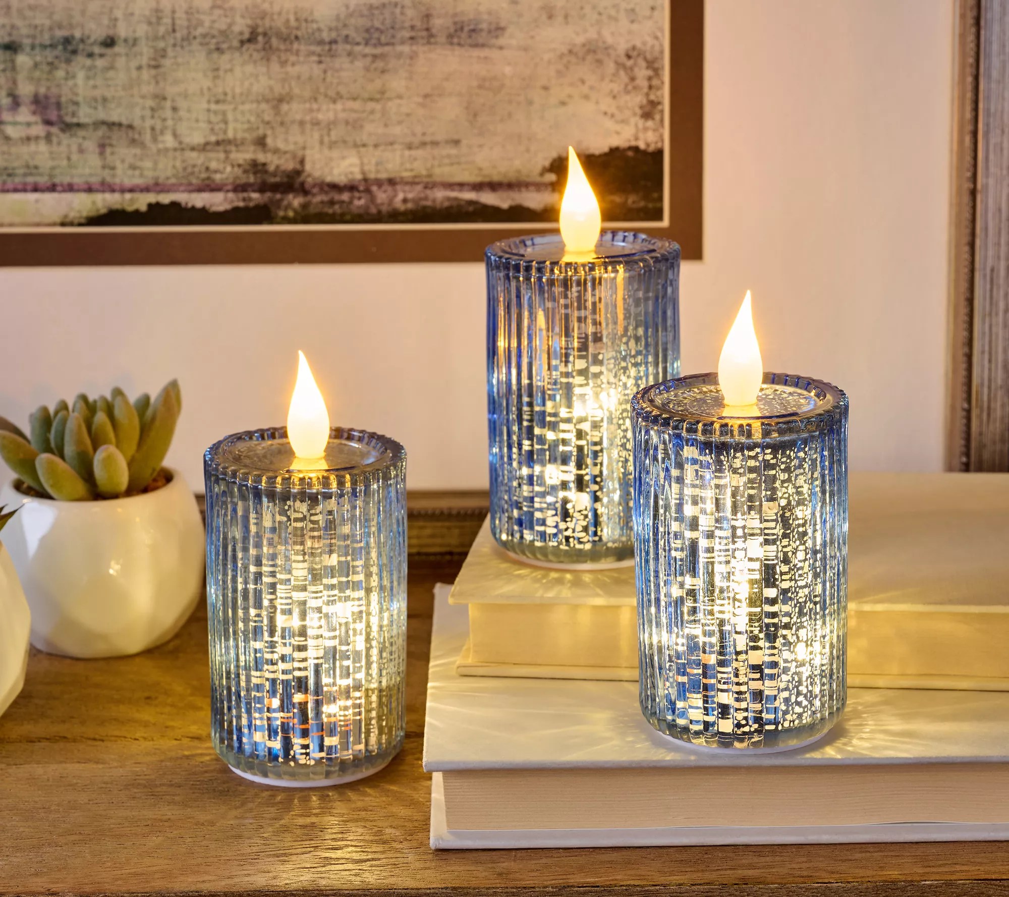 Set of 3 4" Twinkling Mercury Glass Ribbed Candles by Valerie