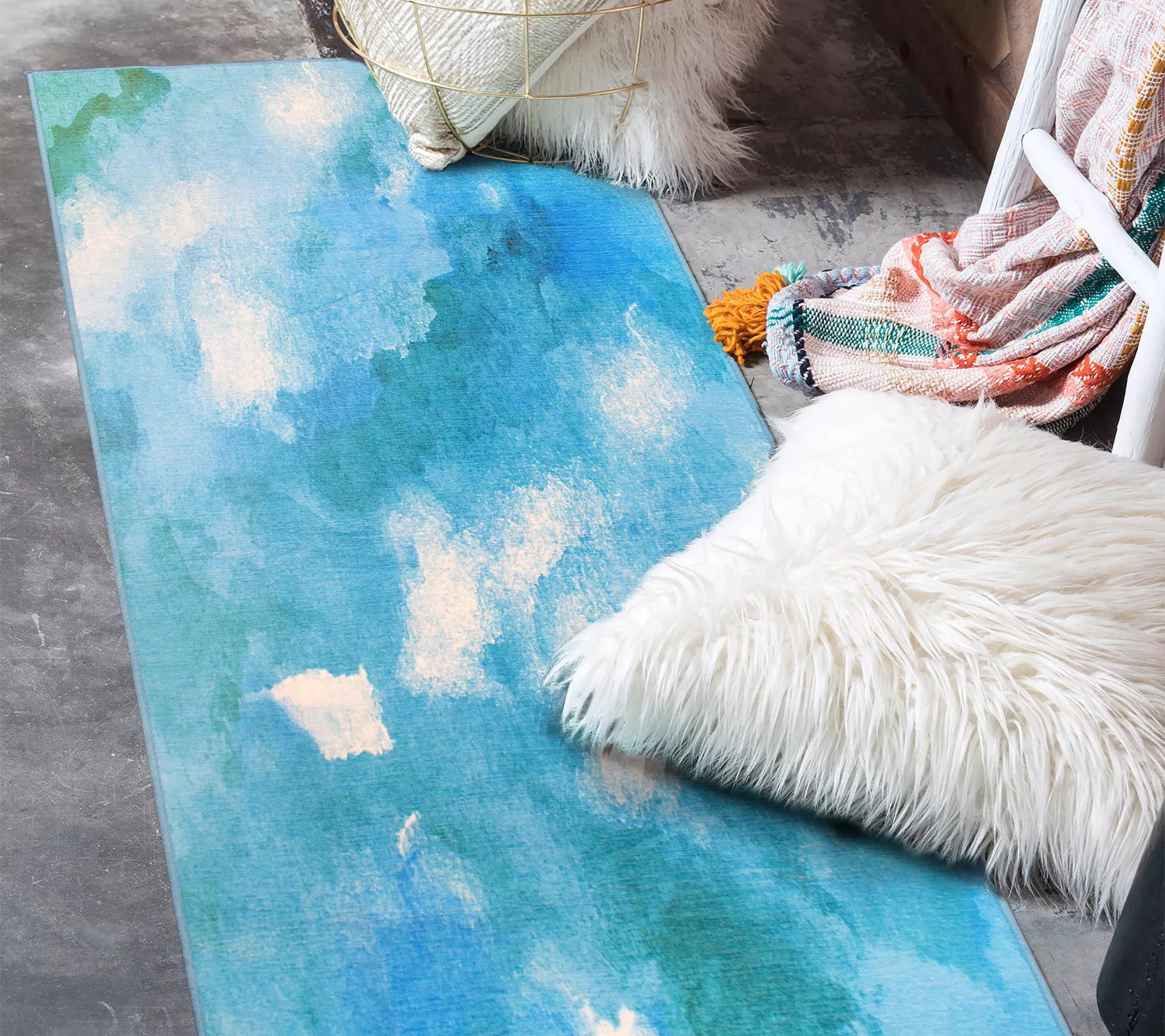 My Magic Carpet Washable Rug Watercolor Aqua Blue 2.5x7