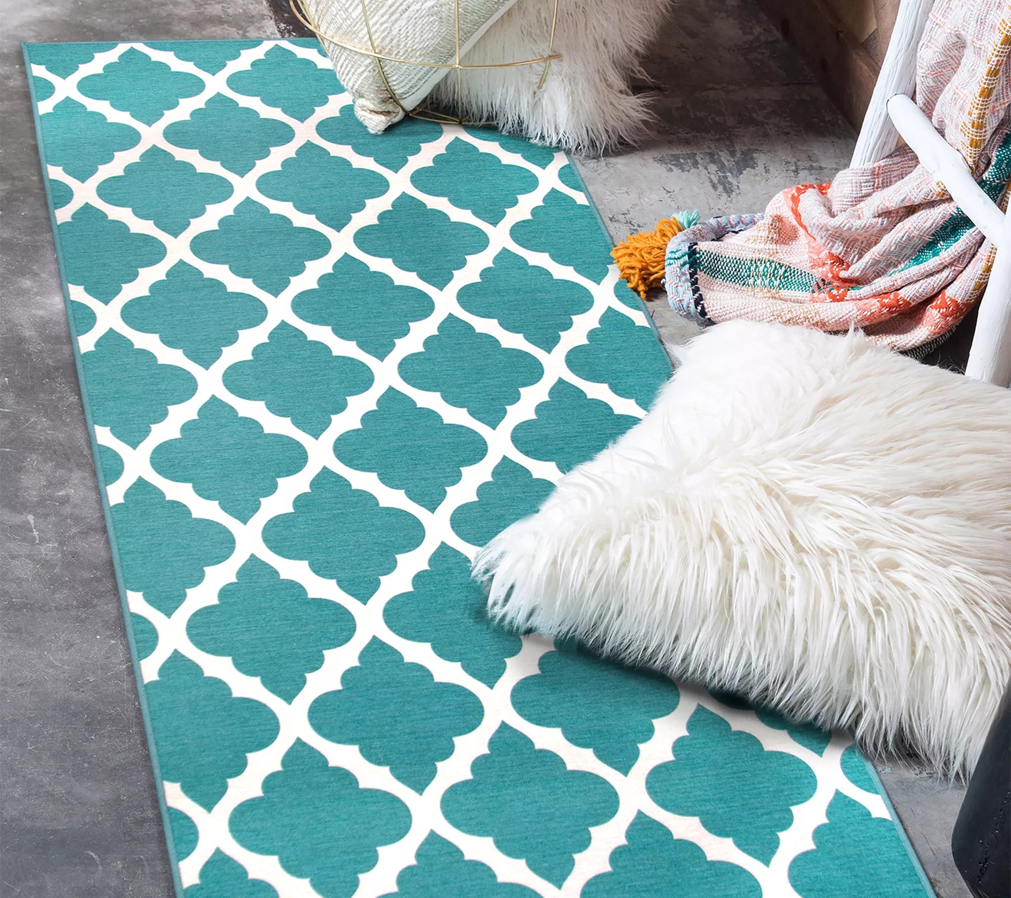 My Magic Carpet Washable Rug Moroccan Trellis Teal 2.5x7