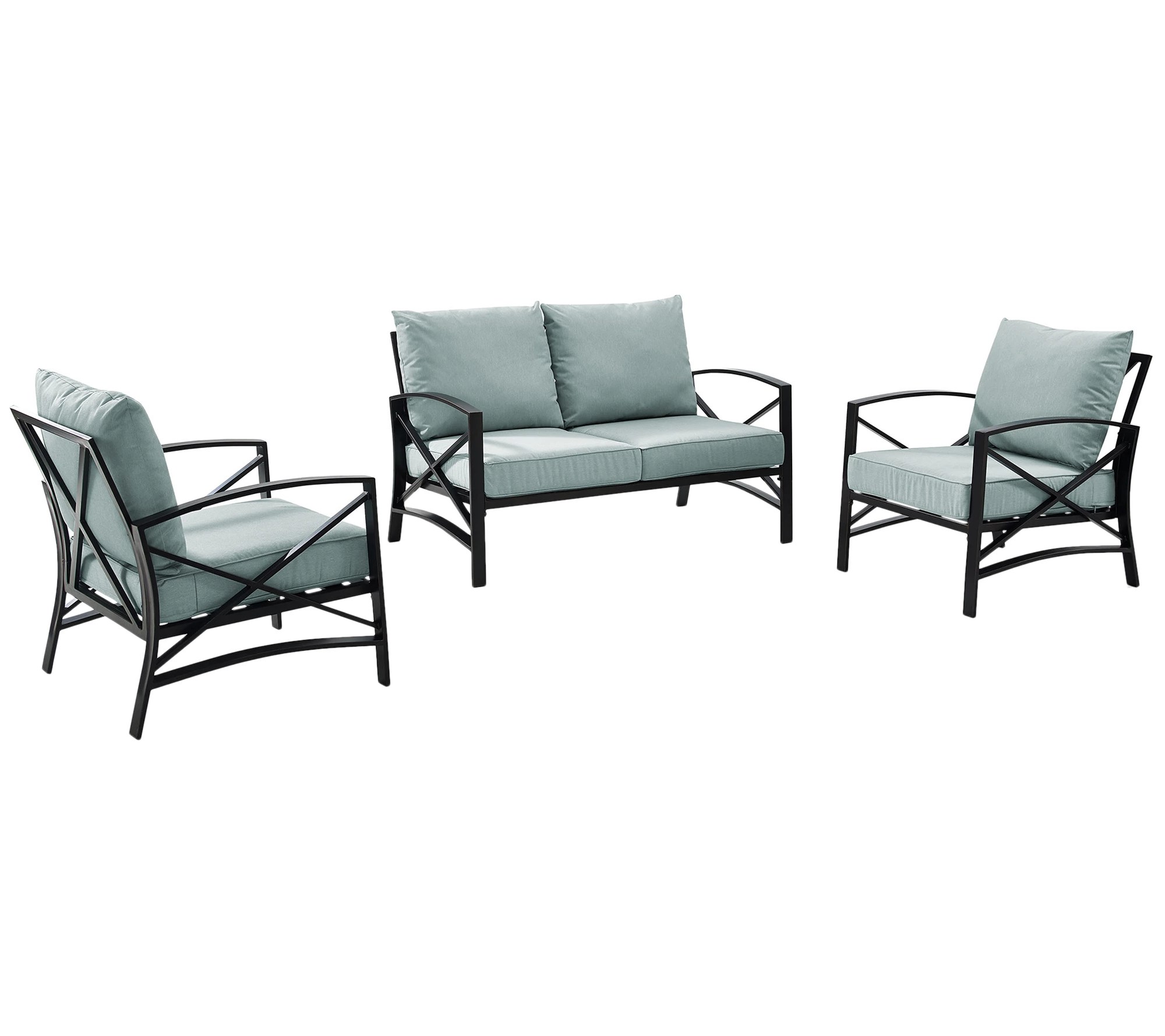 Kaplan Love Seat and Two Outdoor Chairs with Cushions