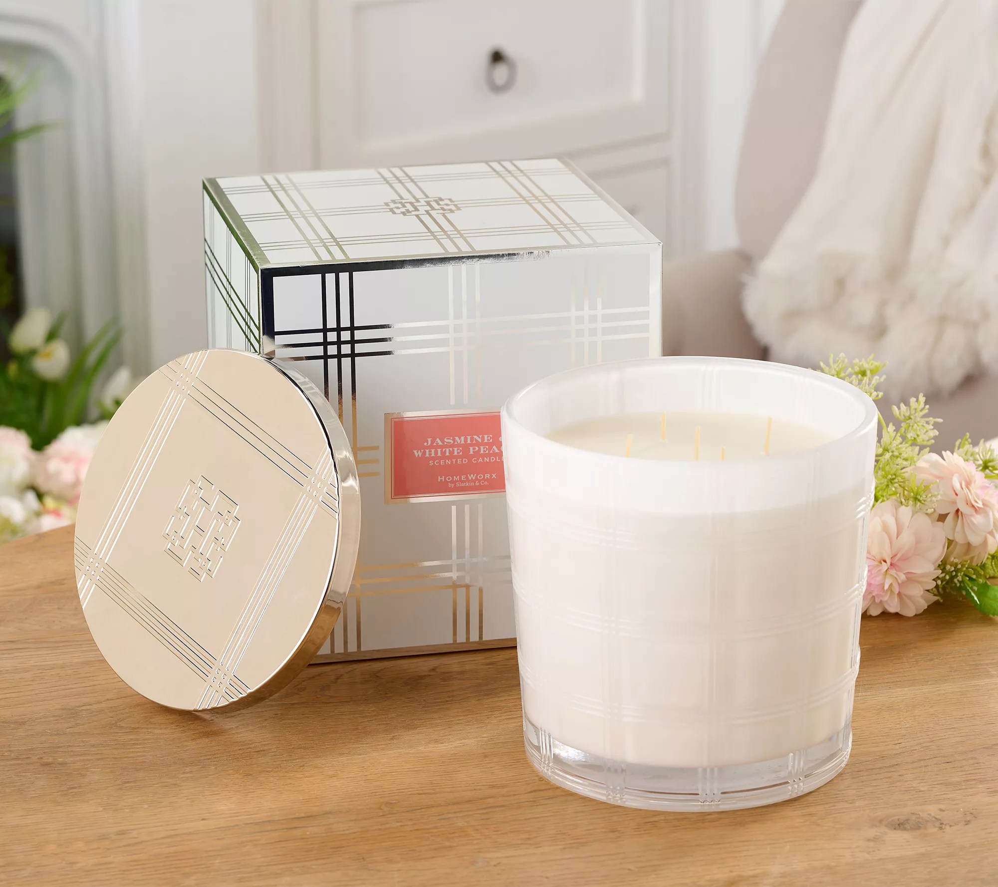 HomeWorx by Slatkin & Co. 80oz Jasmine & White Peach Candle with Box