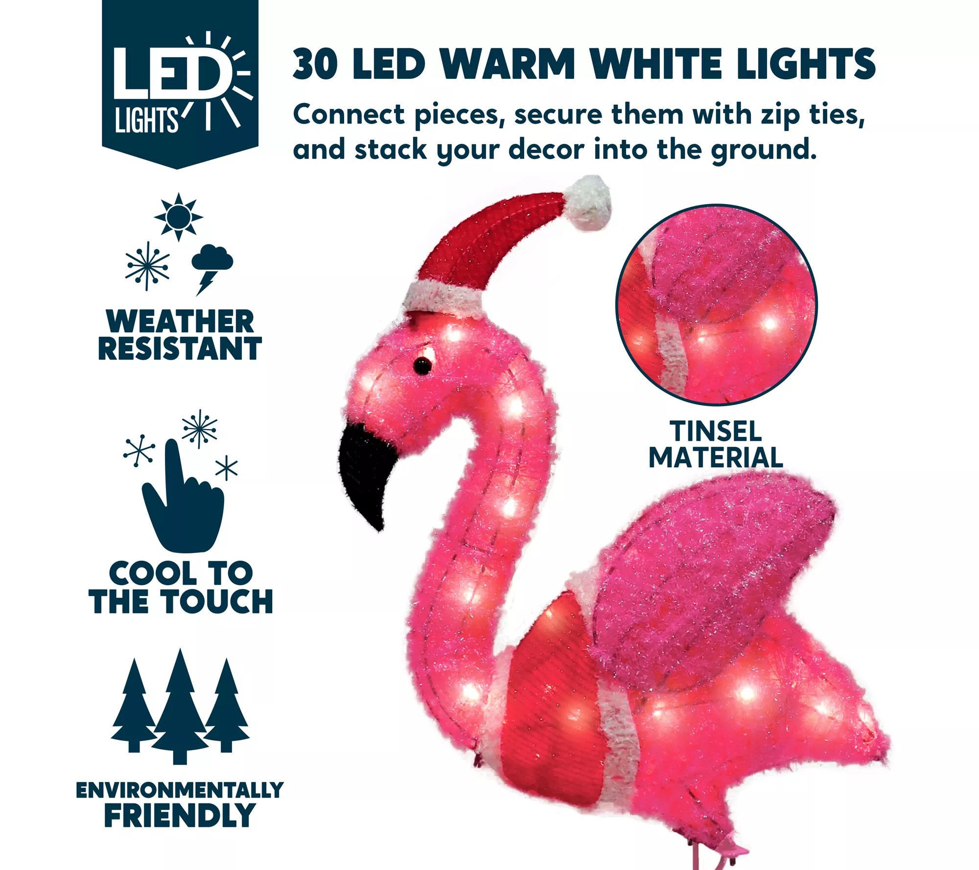 Joiedomi 3ft LED Yard Lights Tinsel Flamingo w/Christmas Hat