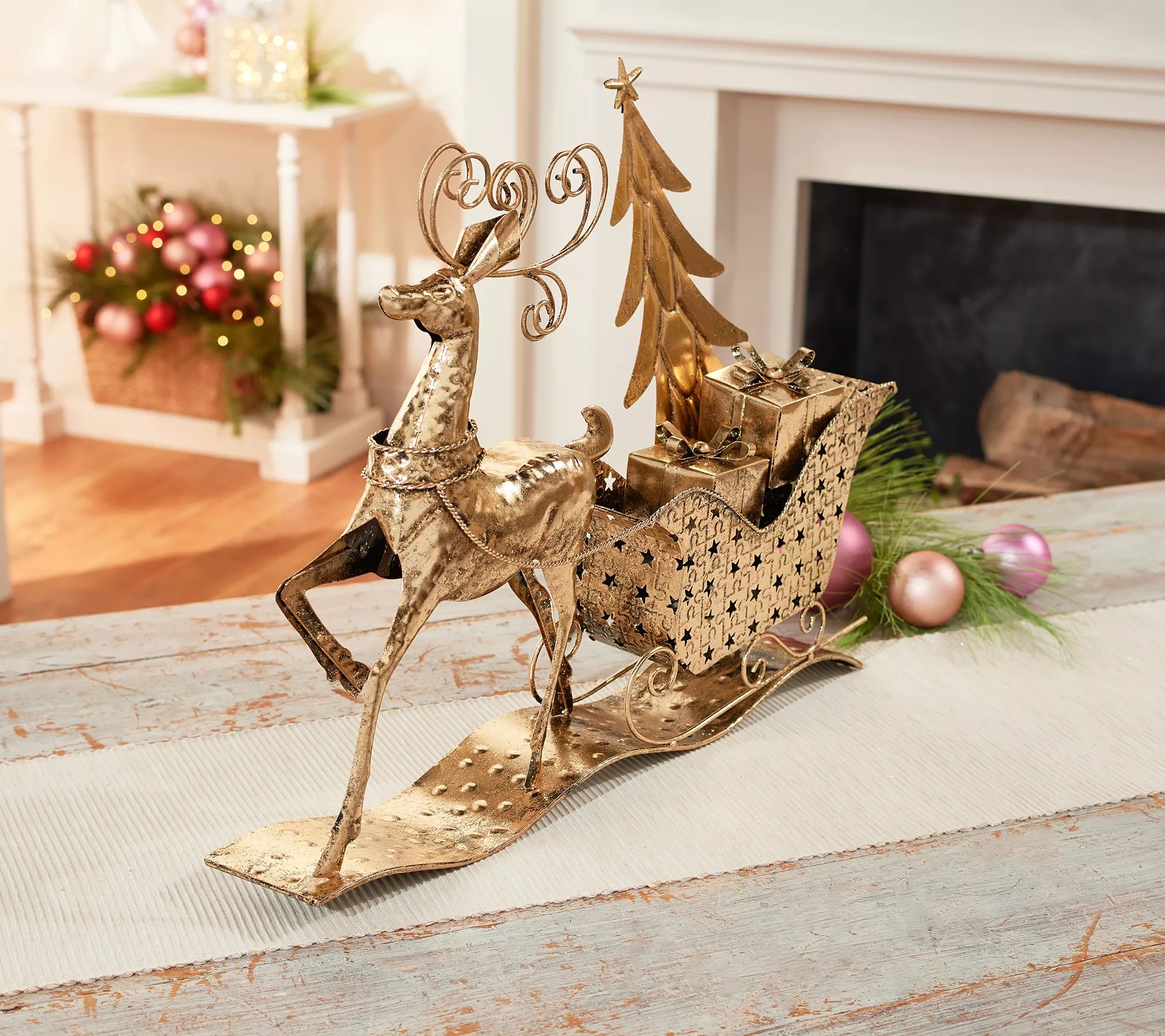 Slim Metal Sleigh and Reindeer Centerpiece by Valerie