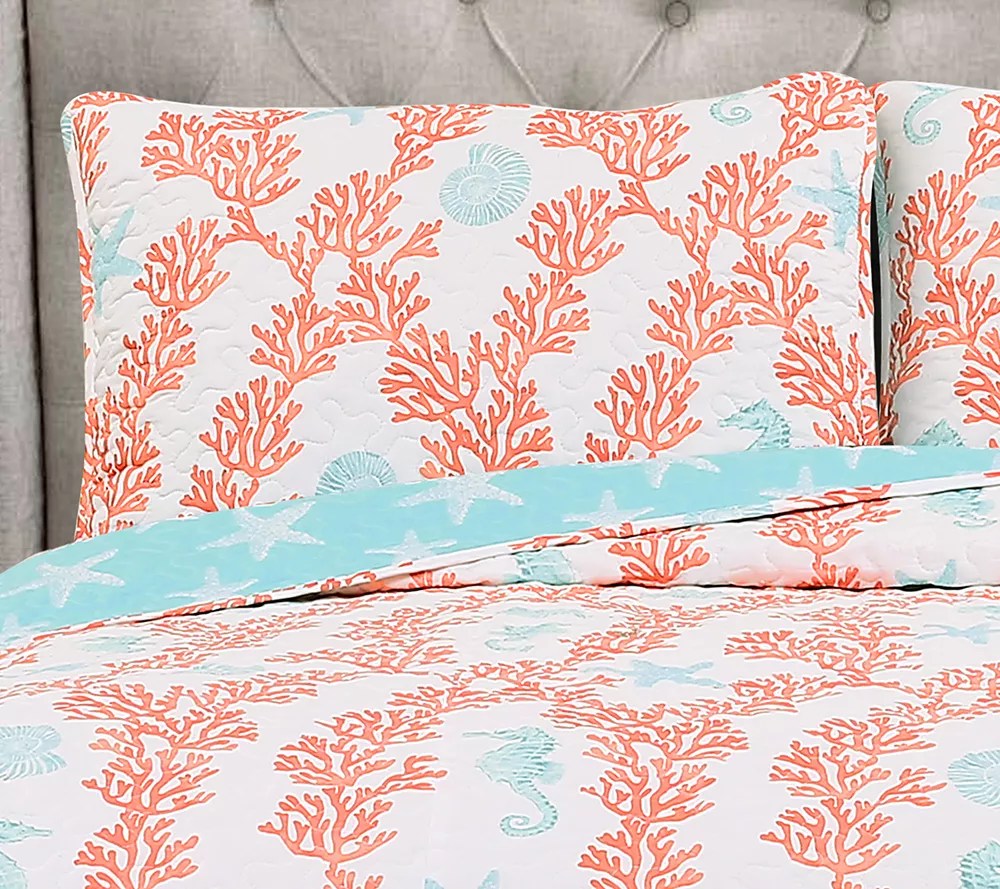 Dina Coral 3Piece FL/QN Blue/Coral Quilt Set by Lush Decor