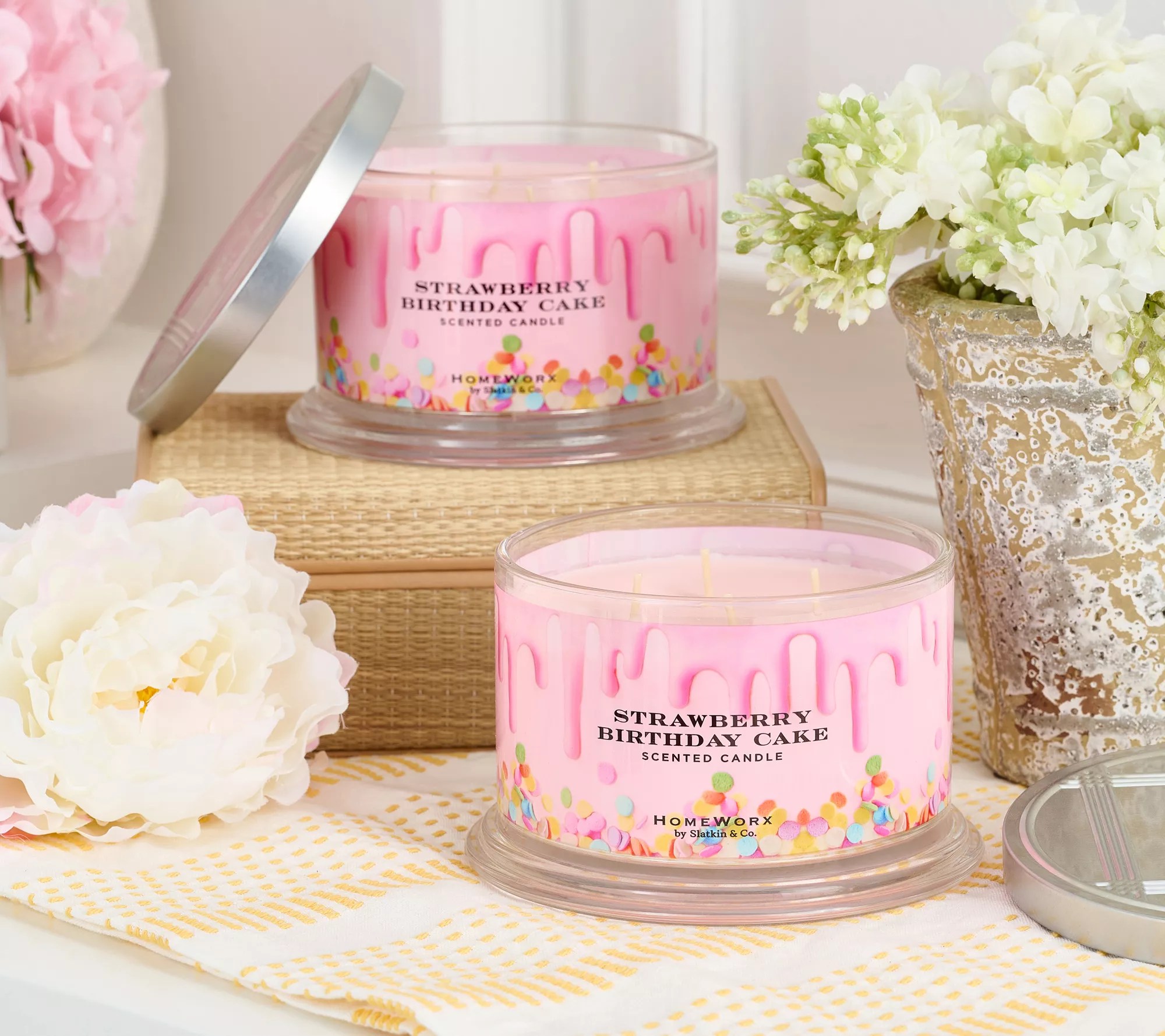 HomeWorx by Slatkin & Co. S/2 Strawberry Birthday Cake 18oz Candles