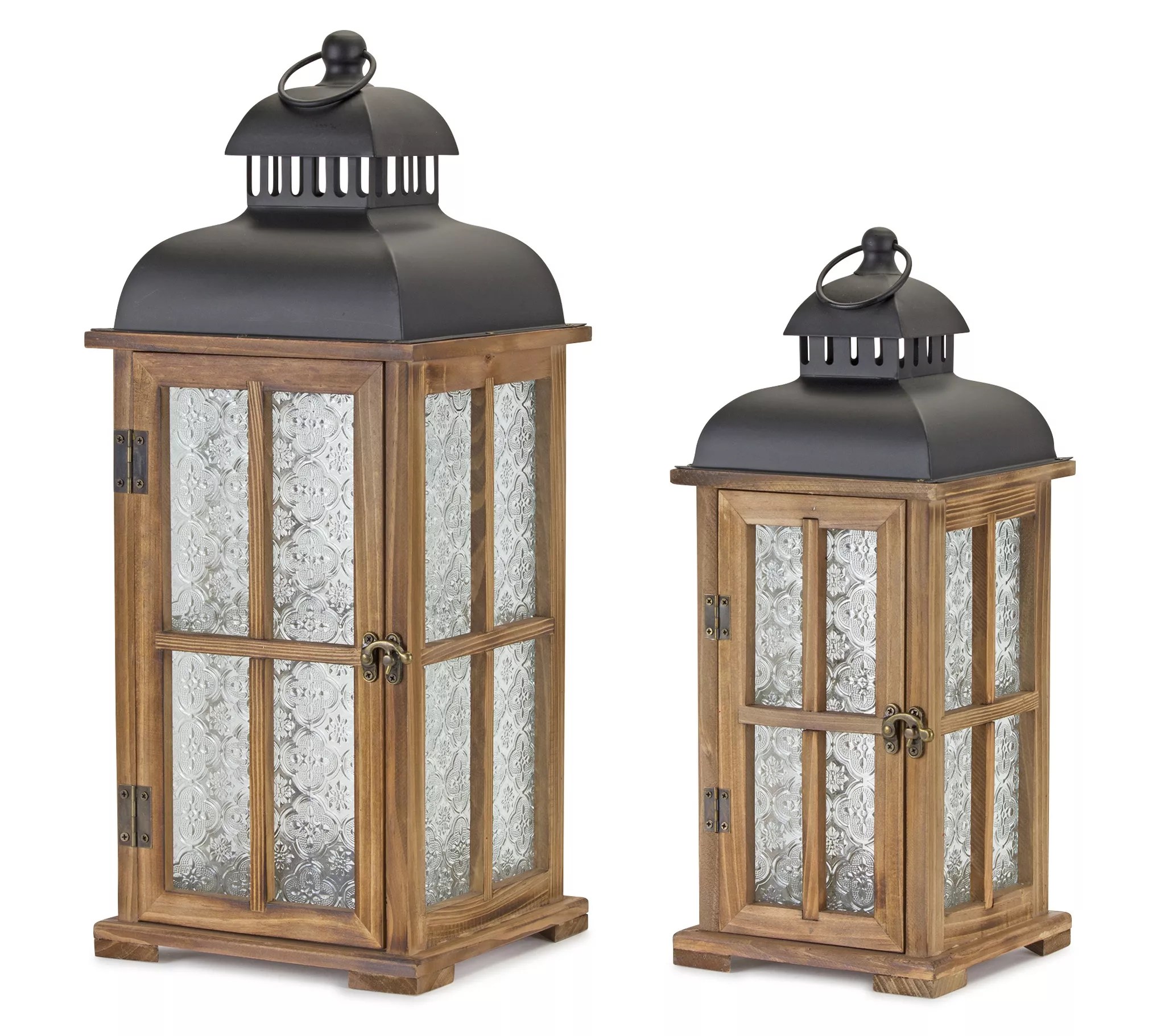 Melrose Natural Wood Lantern w/Ornate Patterned Panes (S/2)