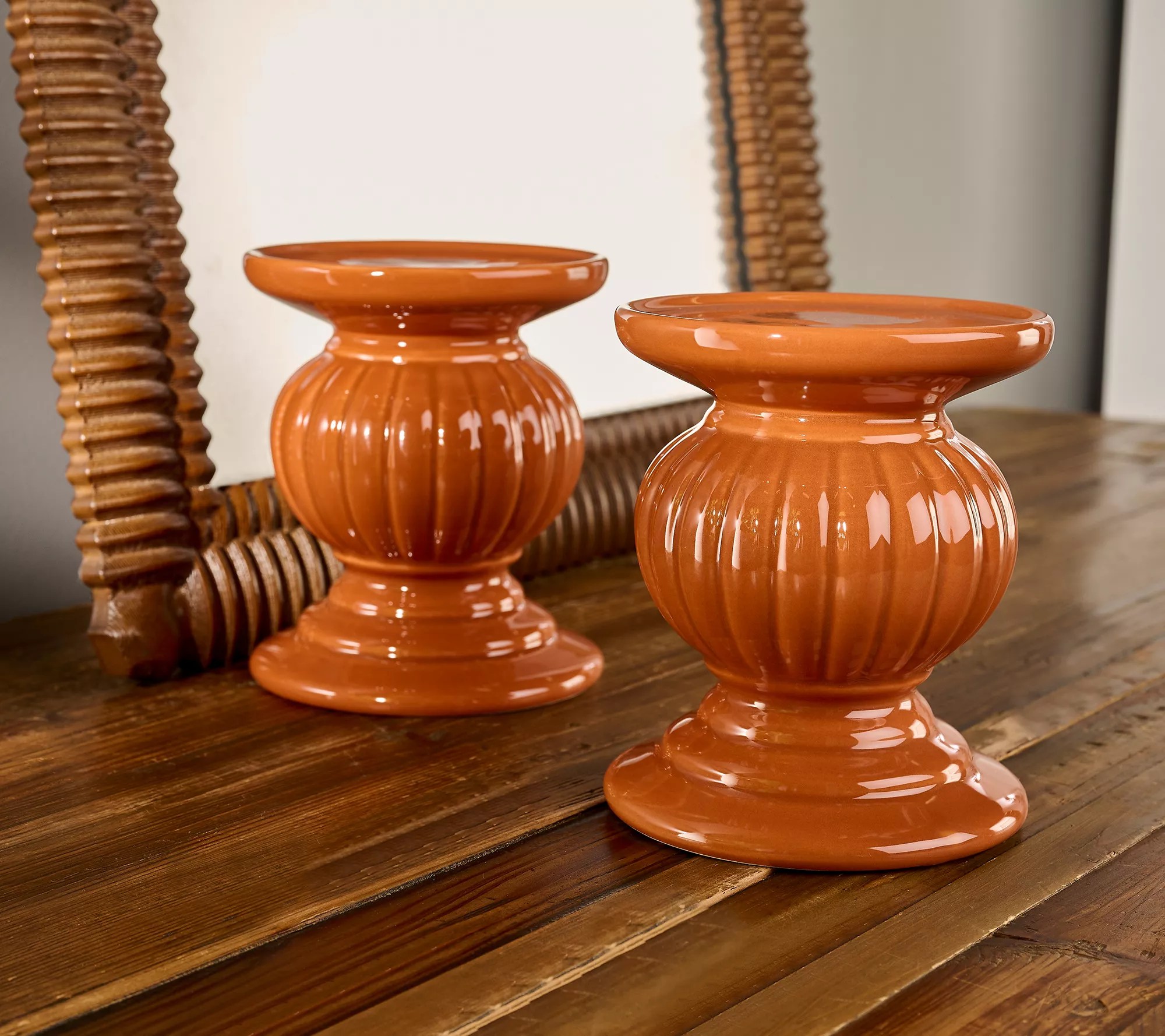 Set of 2 Ceramic Pumpkin Candle Holder Pedestals by Valerie