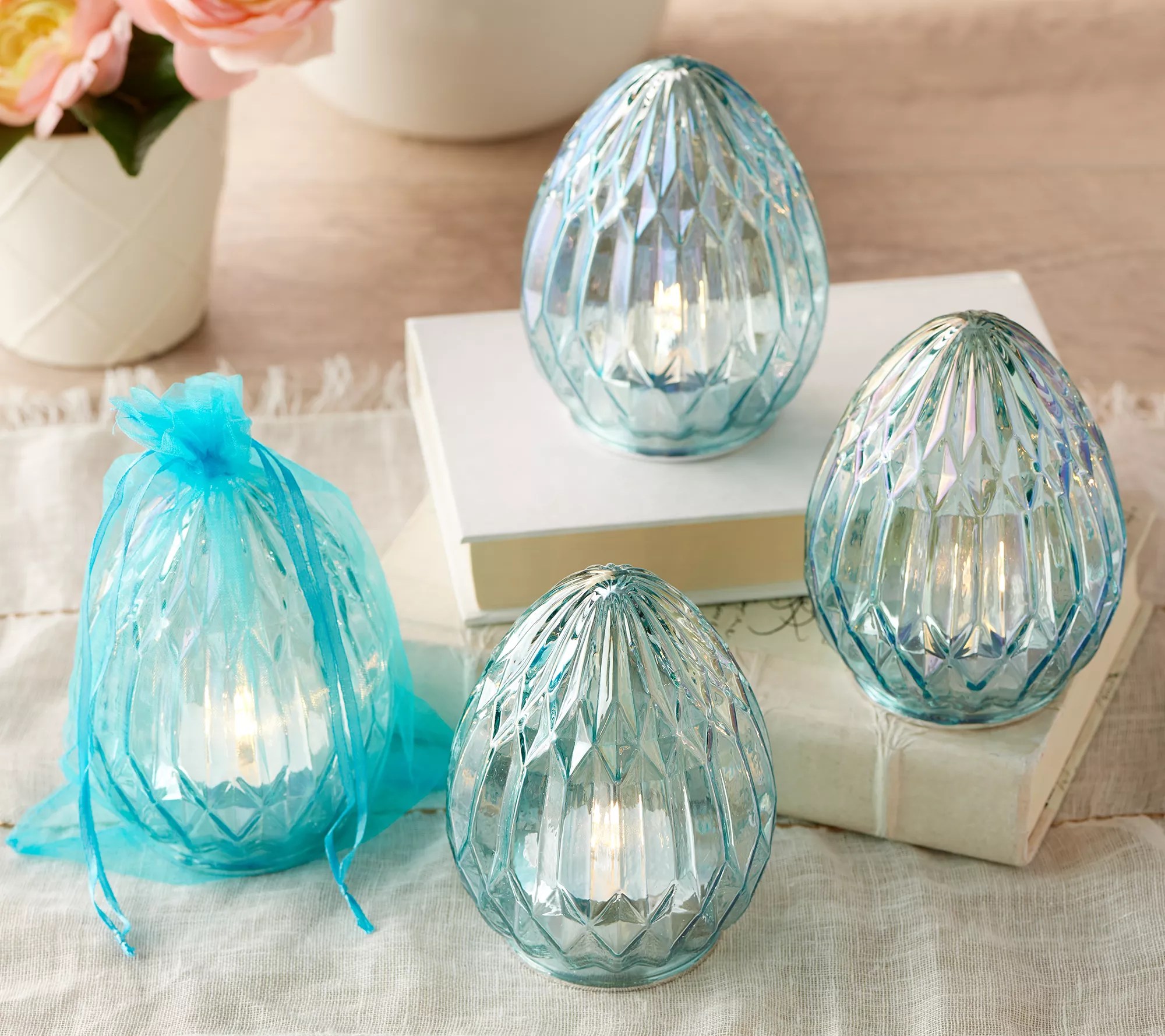 S/4 Illuminated Faceted Glass Eggs with Sheer Bags by Valerie