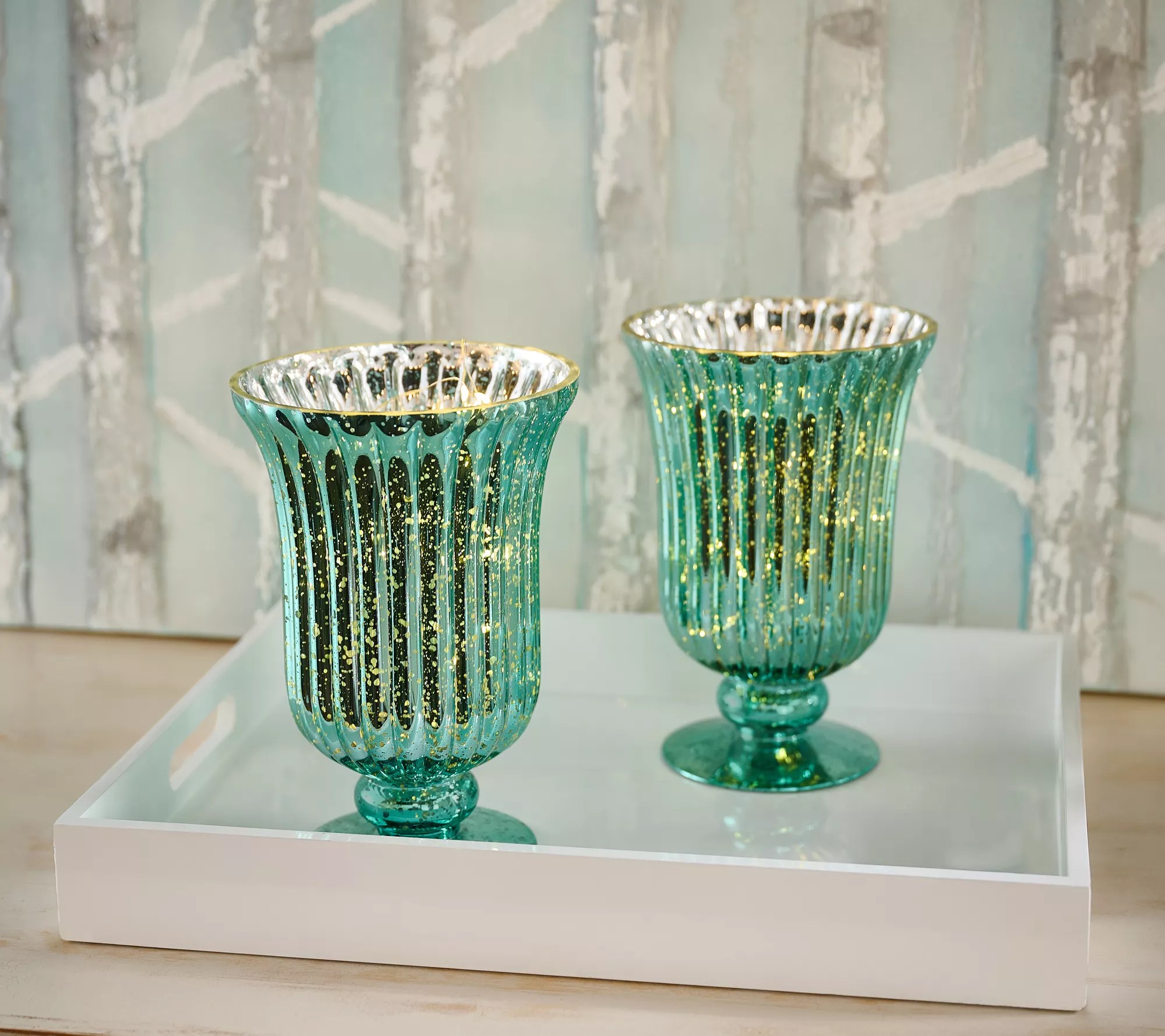 "As Is" Set 2 9" Illuminated Mercury Glass Hurricanes by Valerie