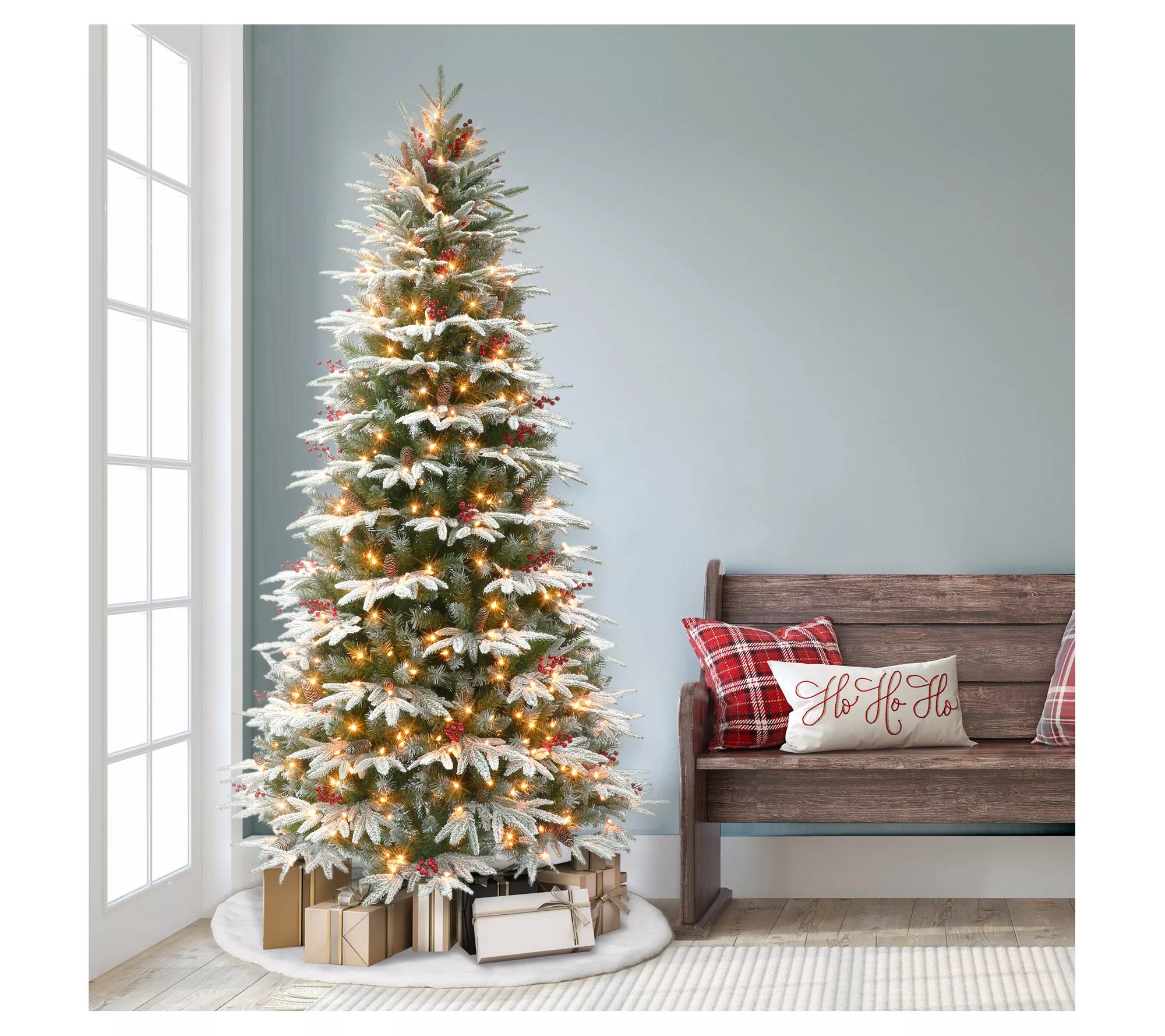 Puleo 9 ft Prelit Slim Flocked Halifax Fir Tre e