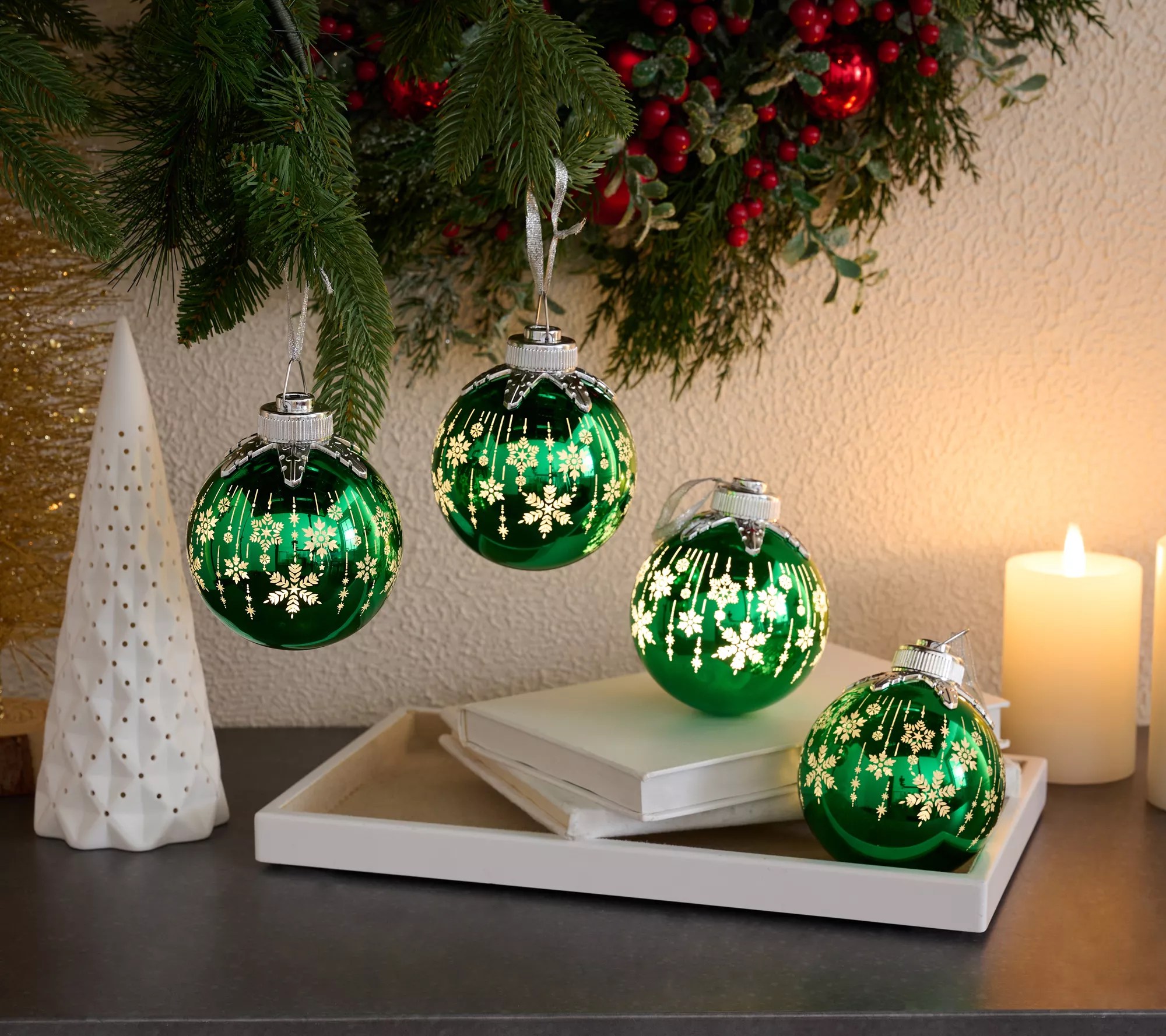 Set of 4 Illuminated Snowflake Glass Ornaments by Valerie