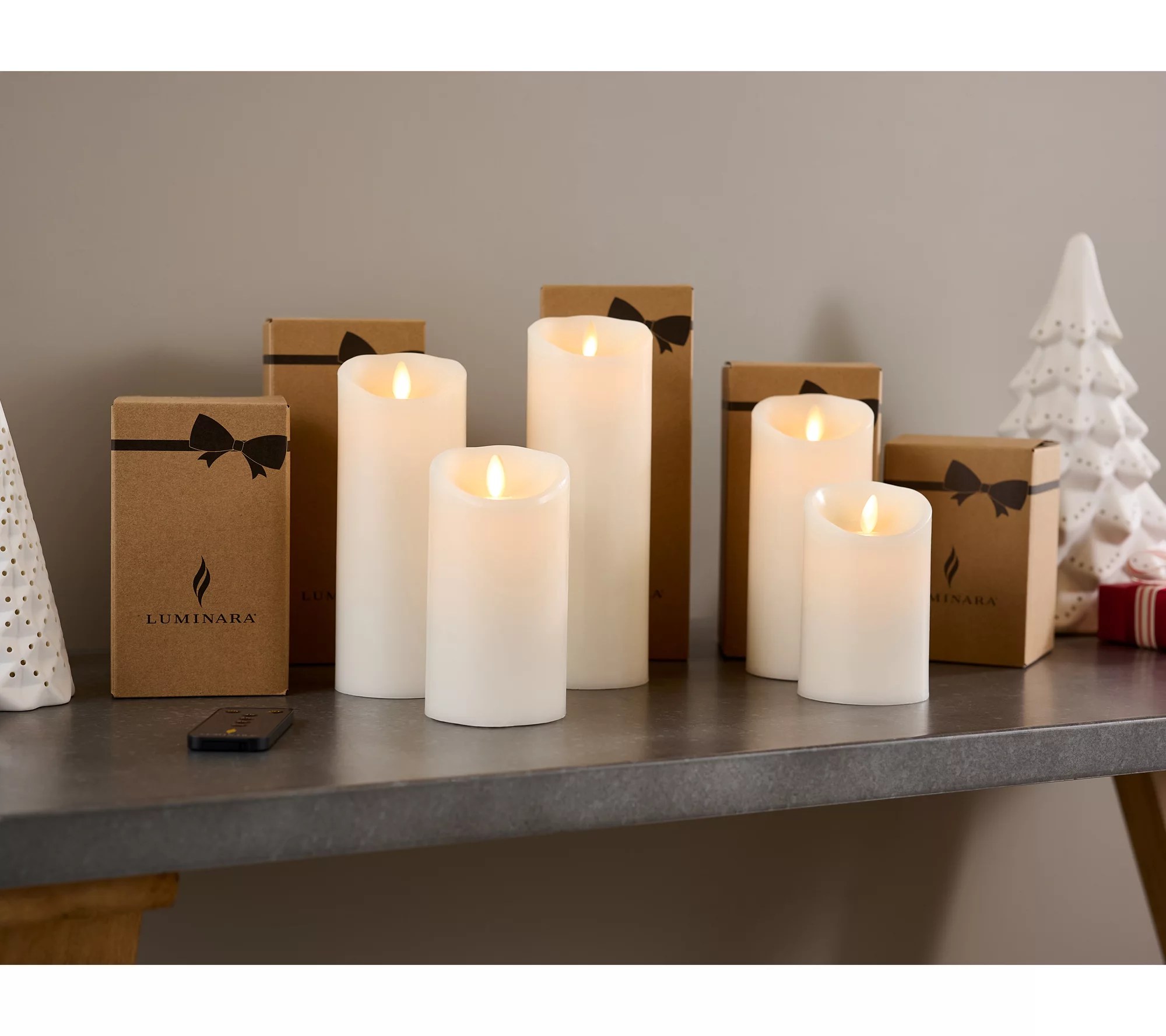 (QVC) Luminara 5pc Assorted Flameless Pillars w/ Gift Box and Remote