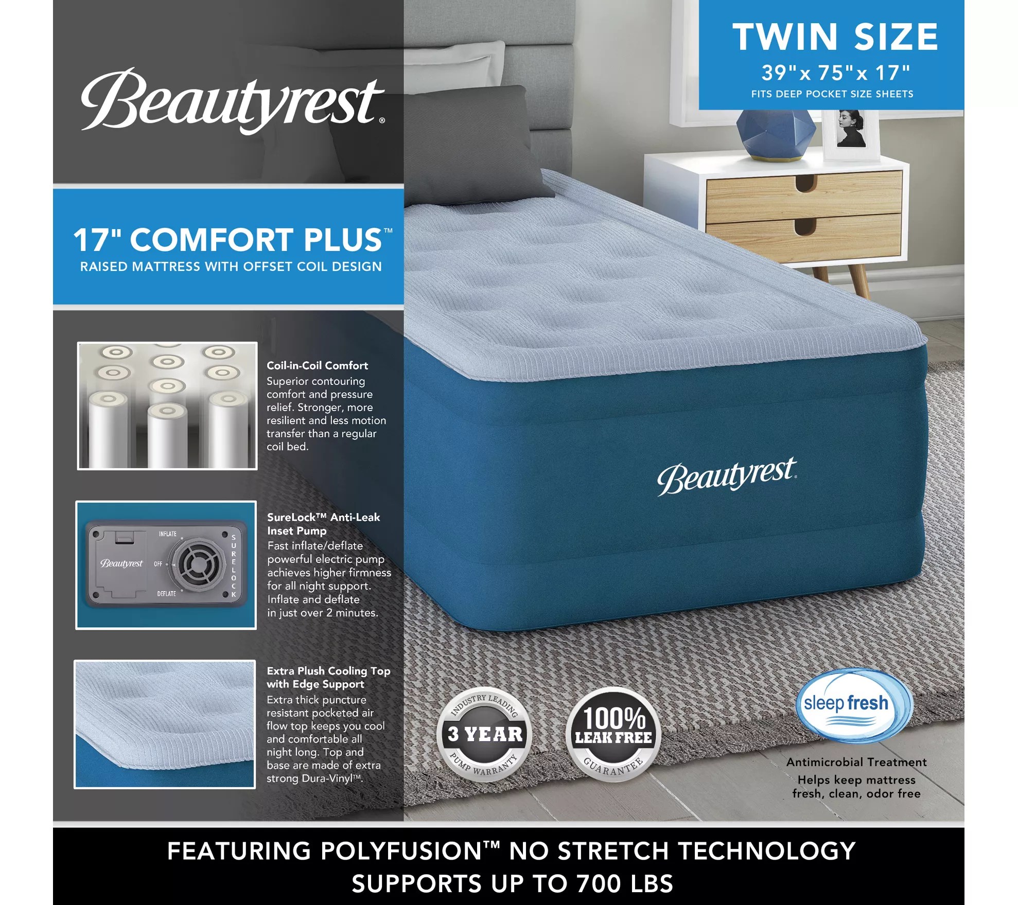 Beautyrest Comfort Top 17" Twin Air Mattress with inset pump