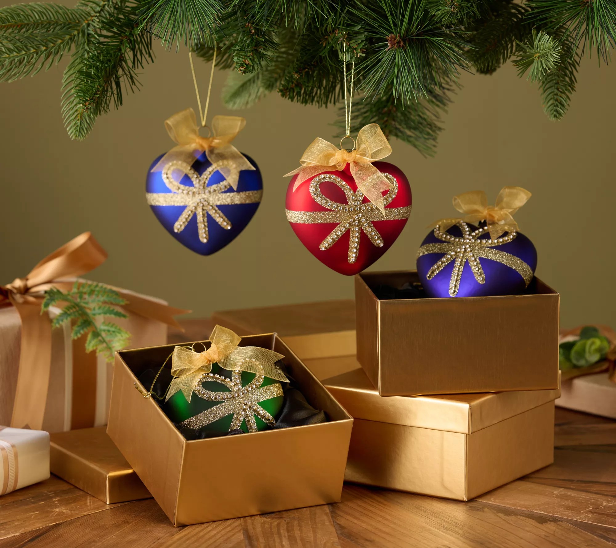 Set of 4 Heart Strings Jeweled Glass Ornaments by Valerie