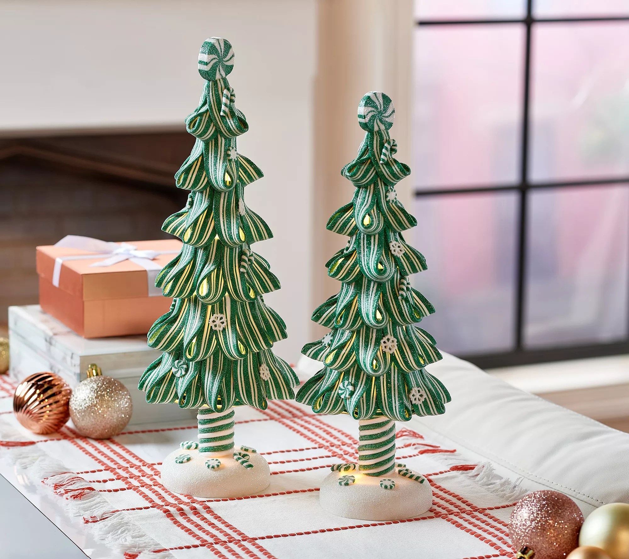 Set of 2 Illuminated Peppermint Candy Trees by Valerie