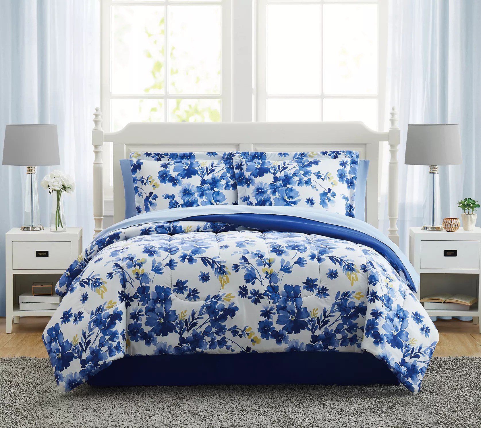 Style 212 Blue Watercolor Floral California King Bed in a Bag