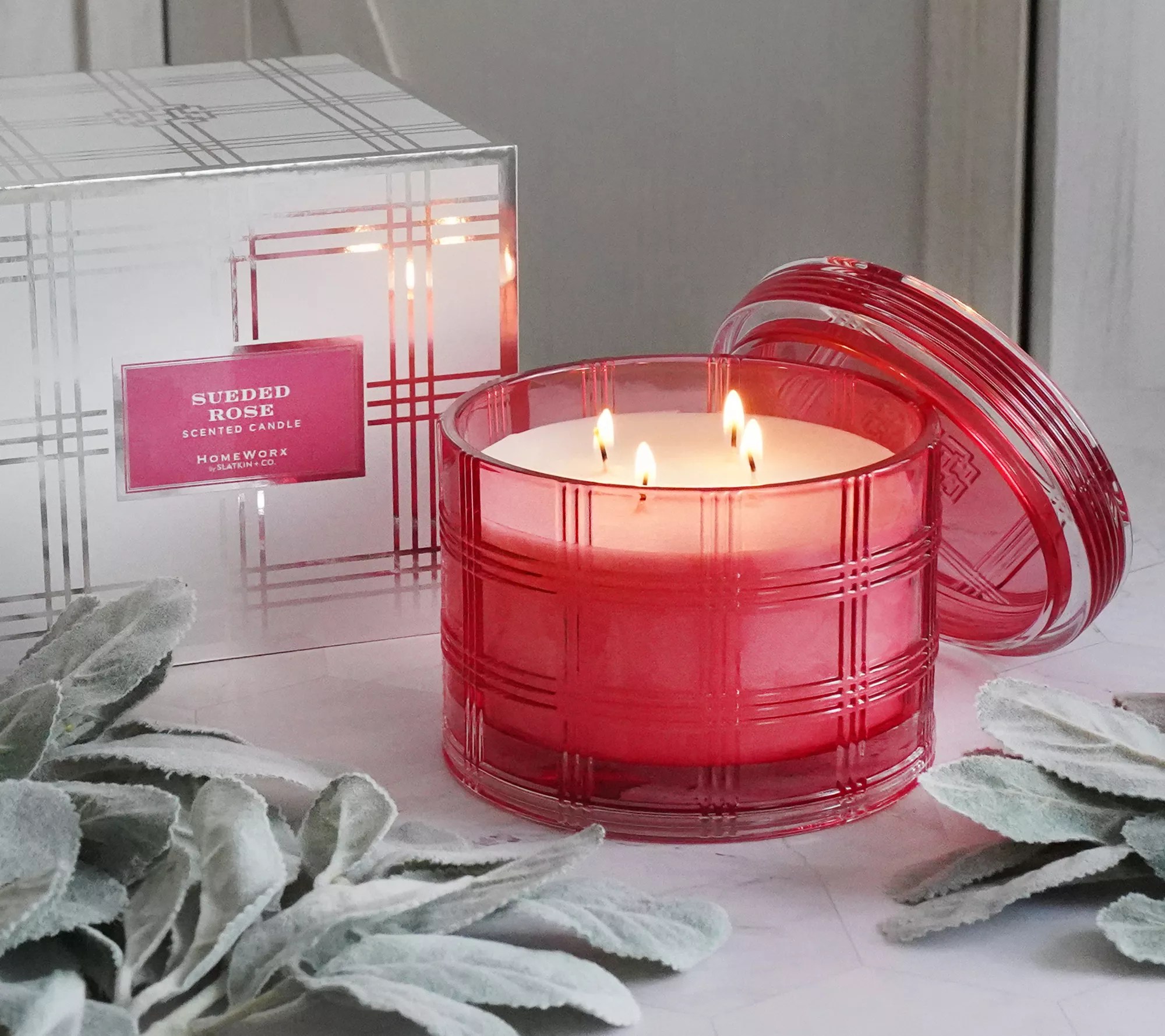 HomeWorx by Slatkin & Co. Sueded Rose 18oz Plaid Glass Candle