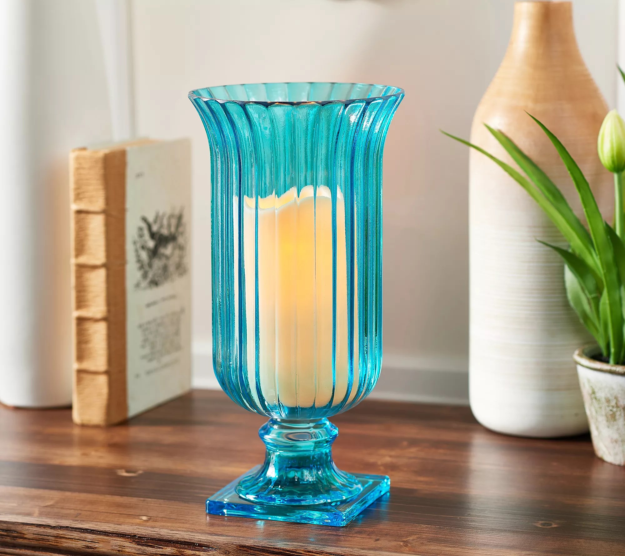 Illuminated 12" Ribbed Glass Footed Hurricane by Valerie